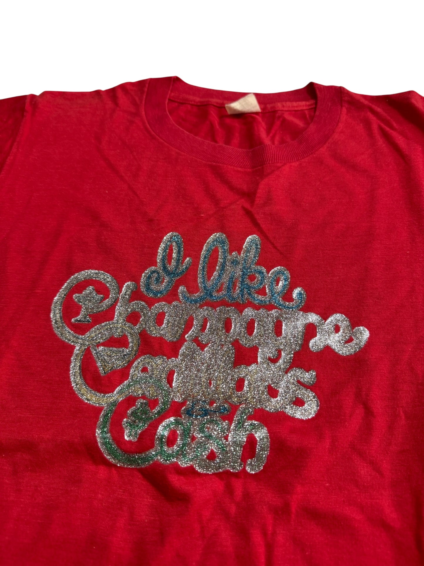 Vintage 80s Double Sided Glitter Graphic Tshirt Red Novelty Iron On