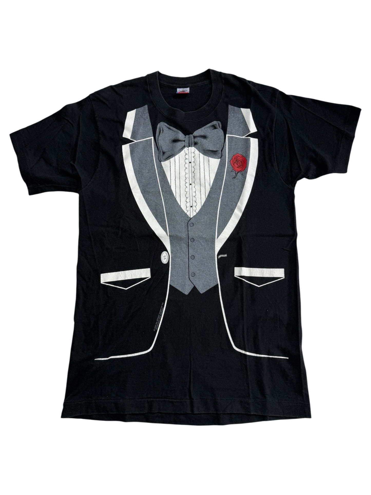 Vintage 1980 Tuxedo Print Tshirt Bow Tie Suit Graphic
