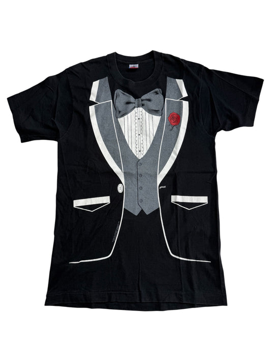 Vintage 1980 Tuxedo Print Tshirt Bow Tie Suit Graphic