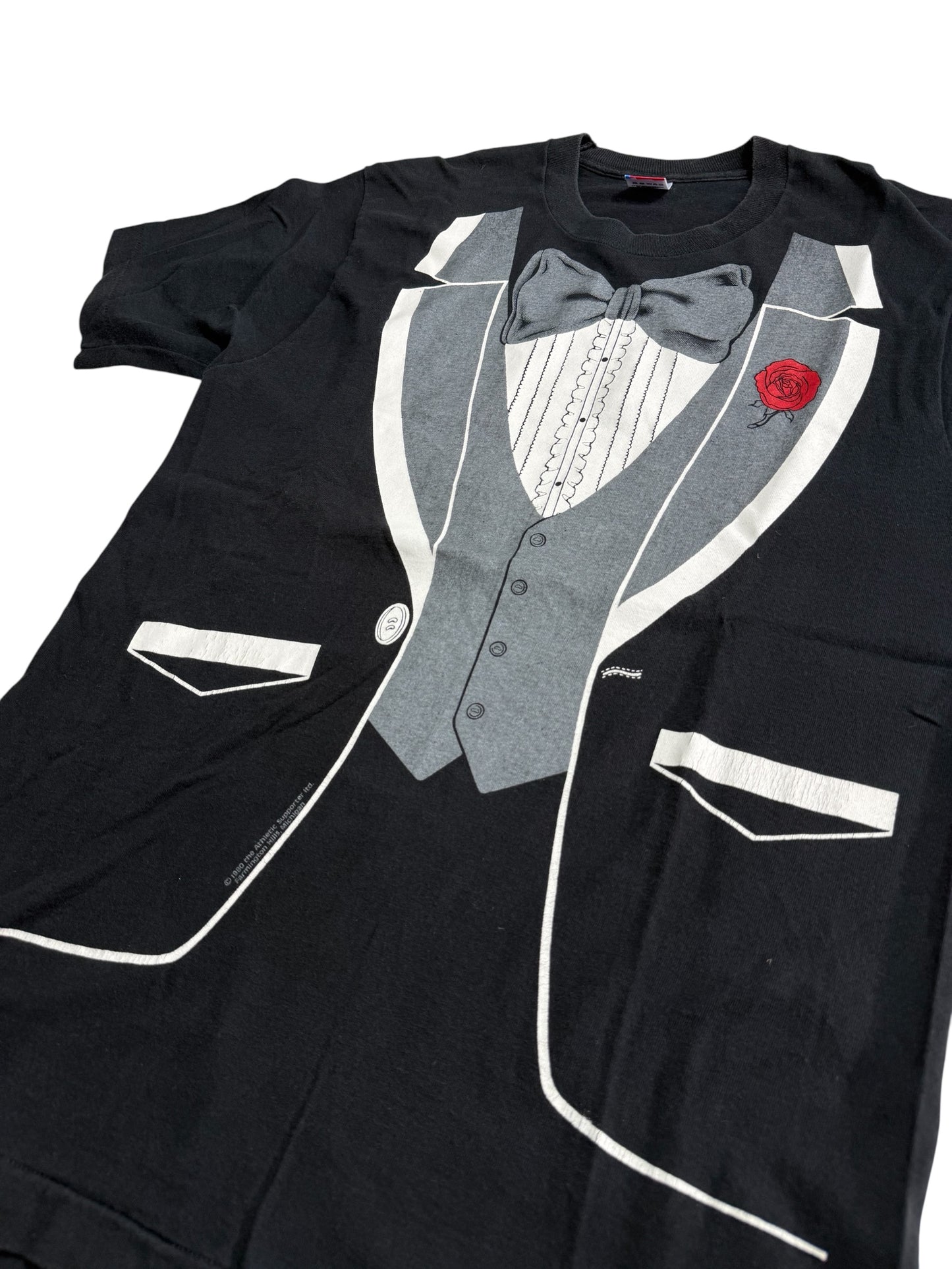Vintage 1980 Tuxedo Print Tshirt Bow Tie Suit Graphic
