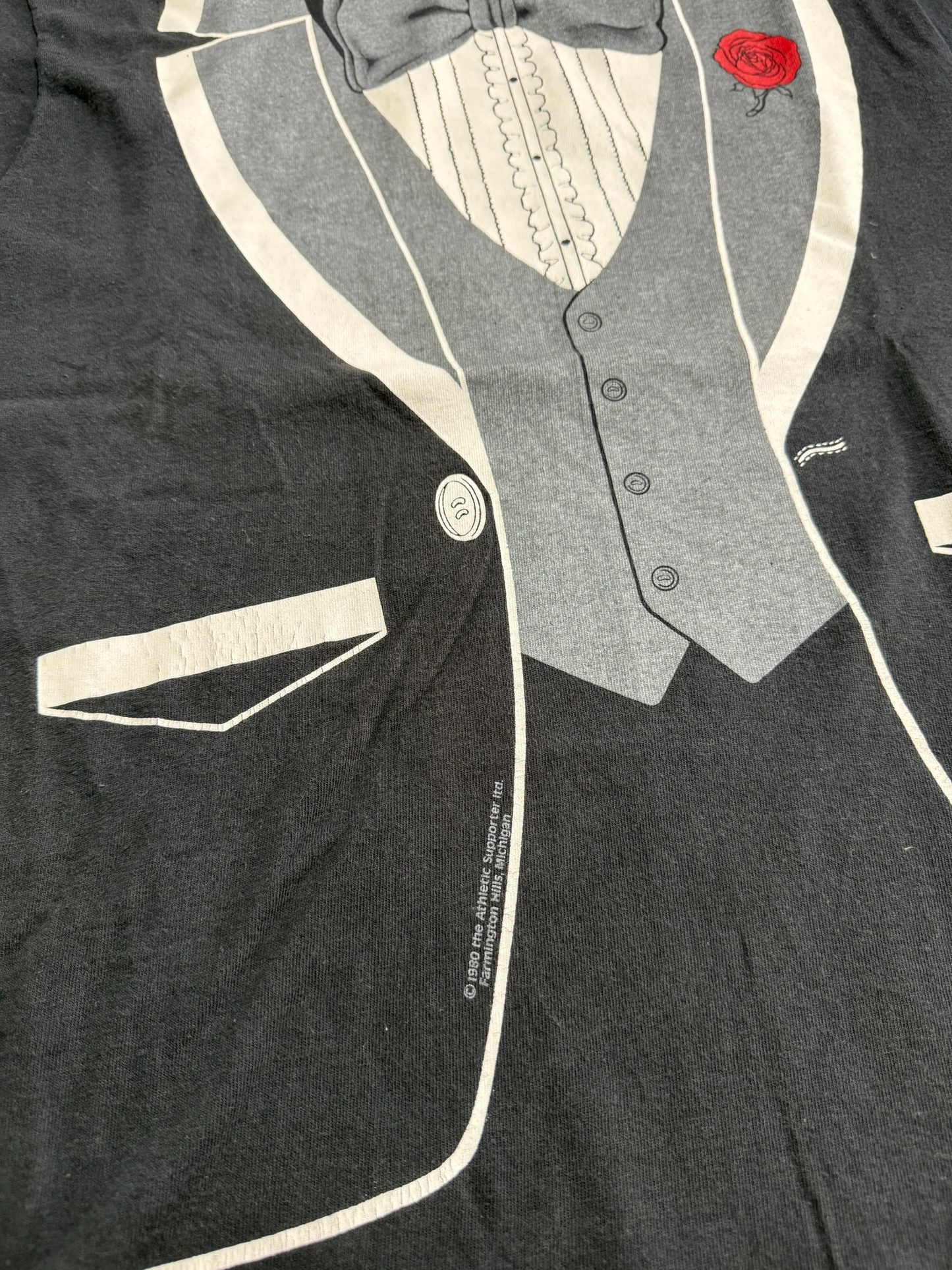 Vintage 1980 Tuxedo Print Tshirt Bow Tie Suit Graphic