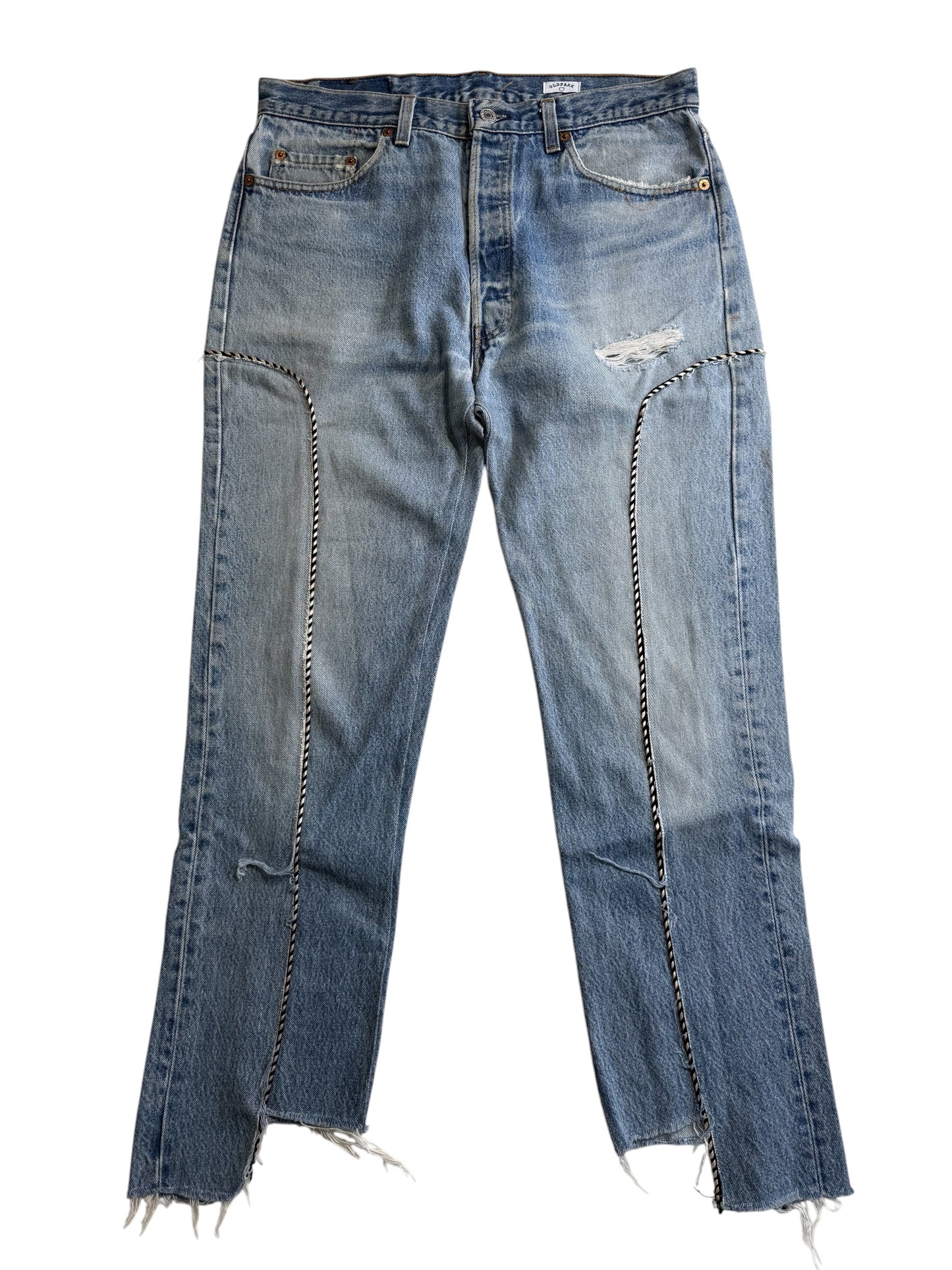 Custom Rework Levis 501 x Old Park Japan Distressed Panel Denim Jeans Made in USA