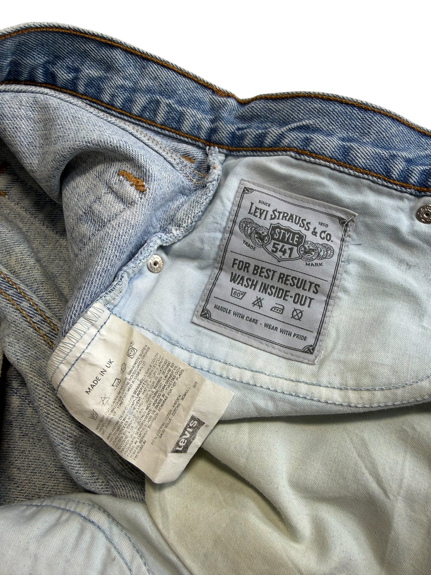 Vintage Levis 541 Made in UK Irregular Distressed Denim Jeans Light Wash