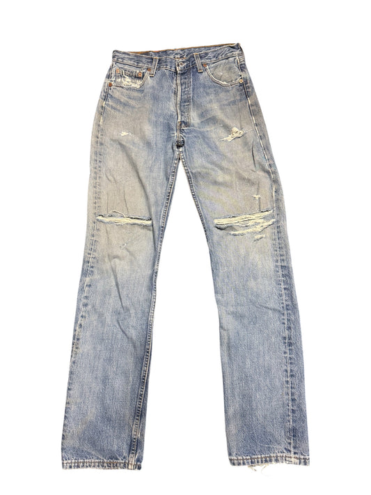 Levis 501 Distressed Denim Jeans Faded Wash Made in UK