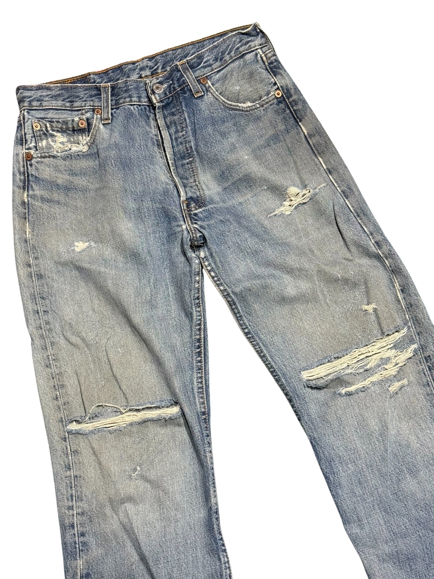 Levis 501 Distressed Denim Jeans Faded Wash Made in UK