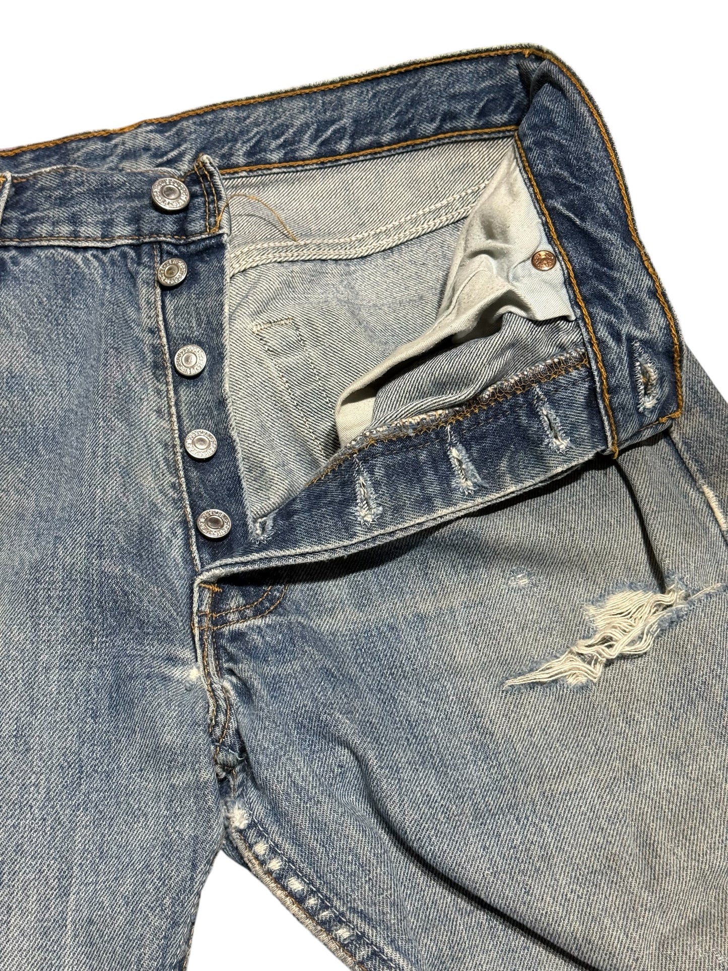 Levis 501 Distressed Denim Jeans Faded Wash Made in UK