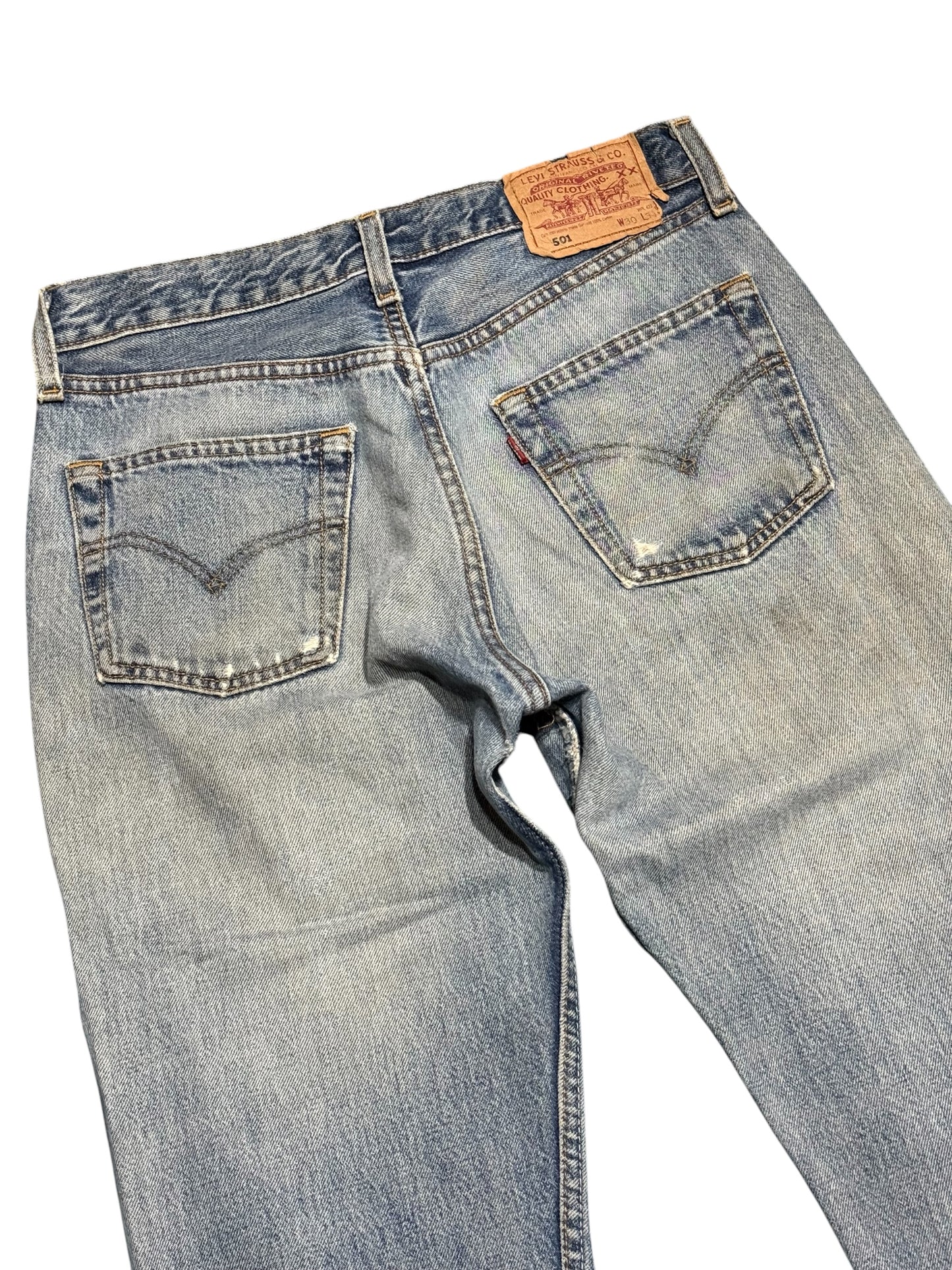 Levis 501 Distressed Denim Jeans Faded Wash Made in UK