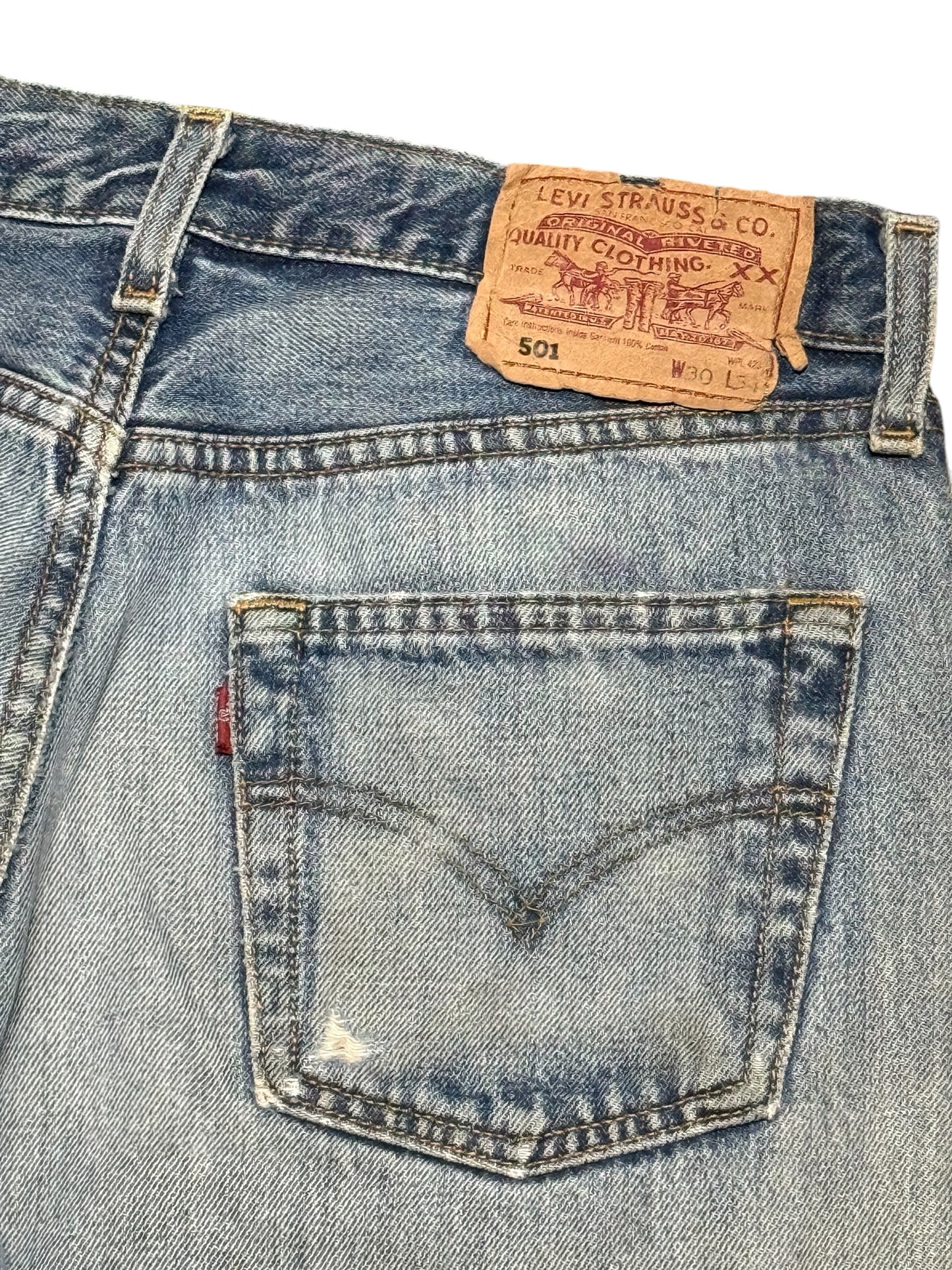 Levis 501 Distressed Denim Jeans Faded Wash Made in UK