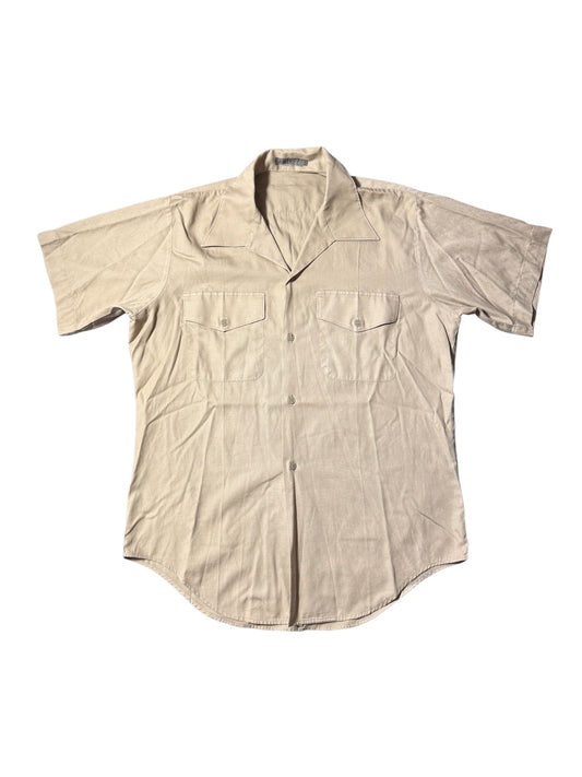 Vintage Beige Short Sleeve Utility Work Shirt Open Collar Button Up