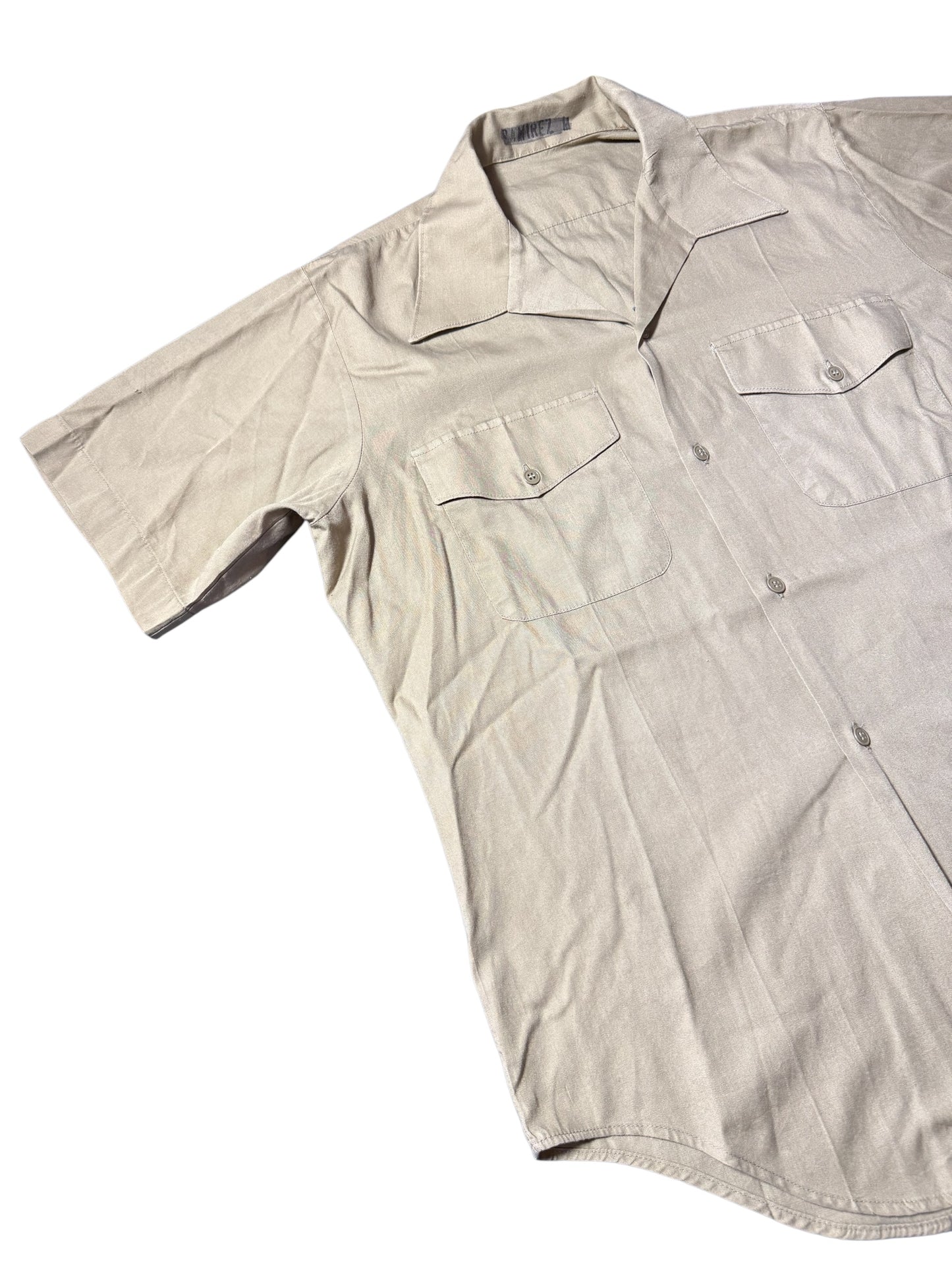 Vintage Beige Short Sleeve Utility Work Shirt Open Collar Button Up
