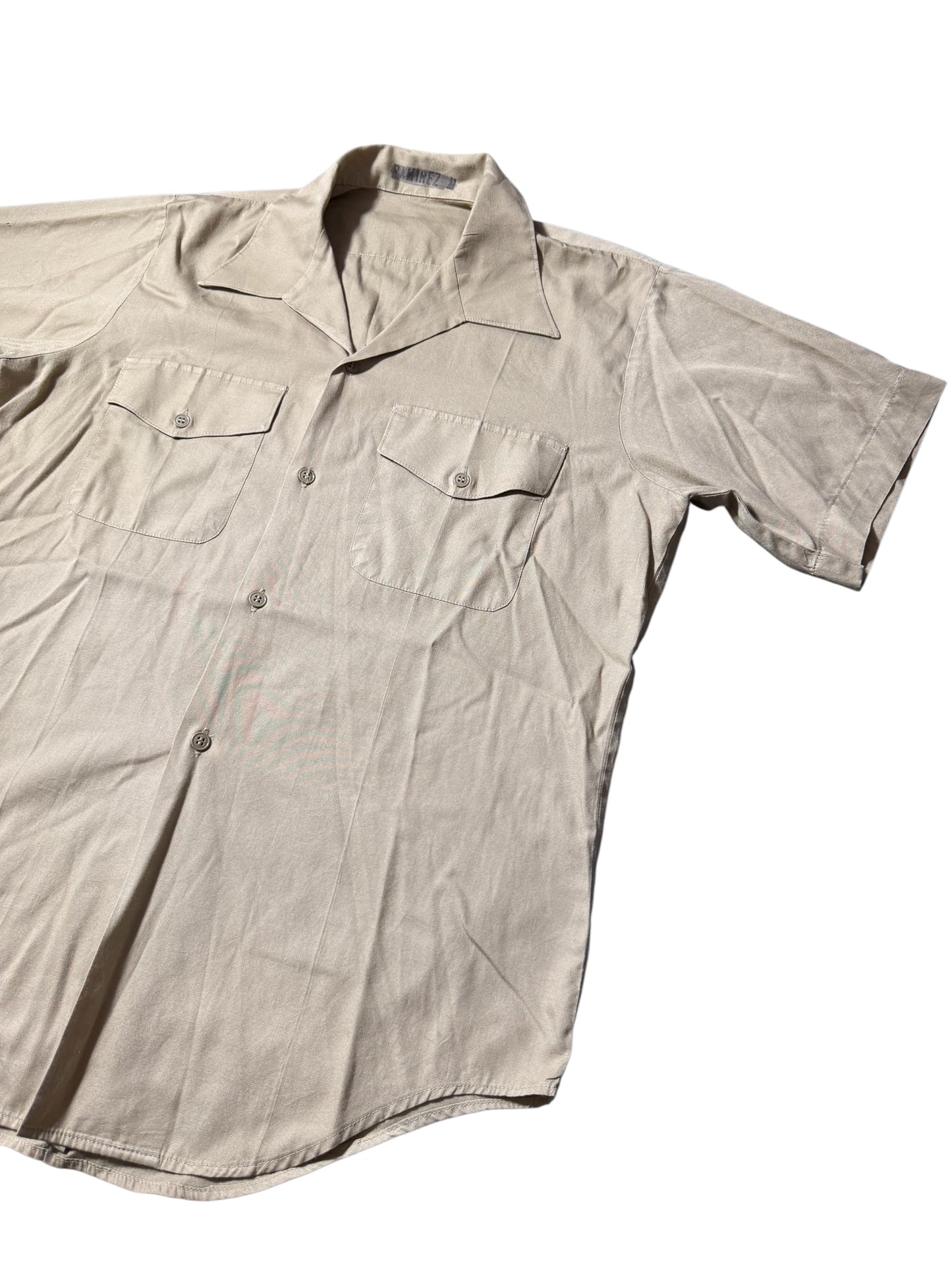 Vintage Beige Short Sleeve Utility Work Shirt Open Collar Button Up