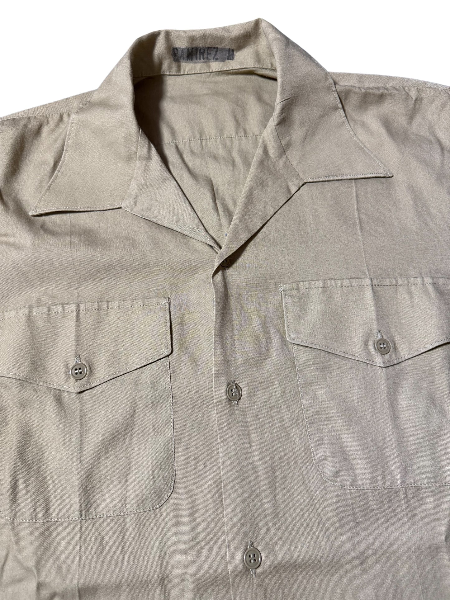 Vintage Beige Short Sleeve Utility Work Shirt Open Collar Button Up