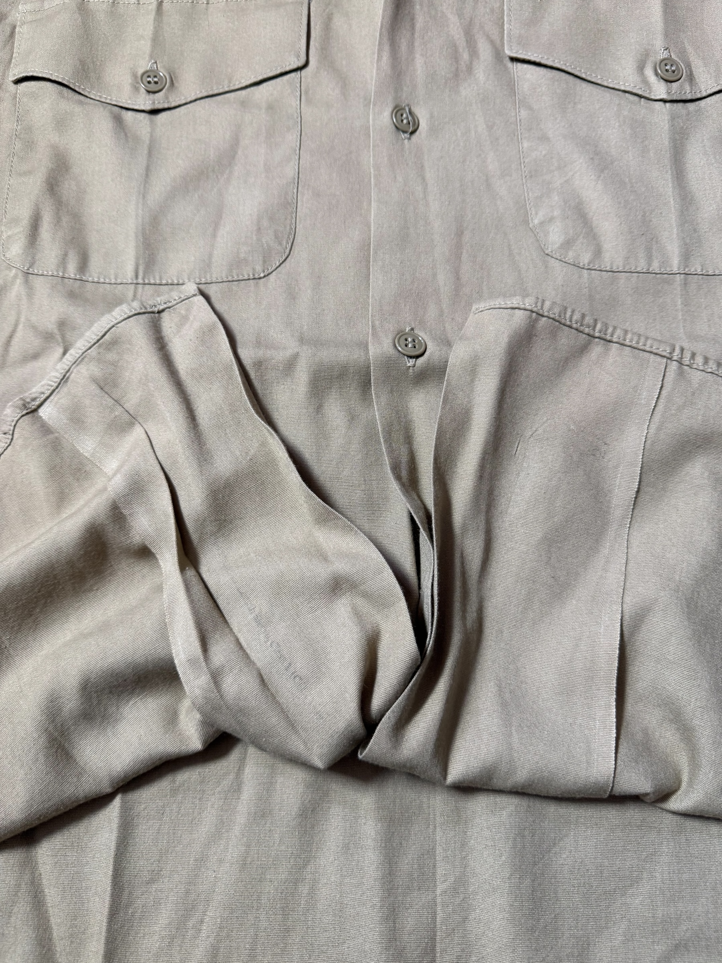 Vintage Beige Short Sleeve Utility Work Shirt Open Collar Button Up