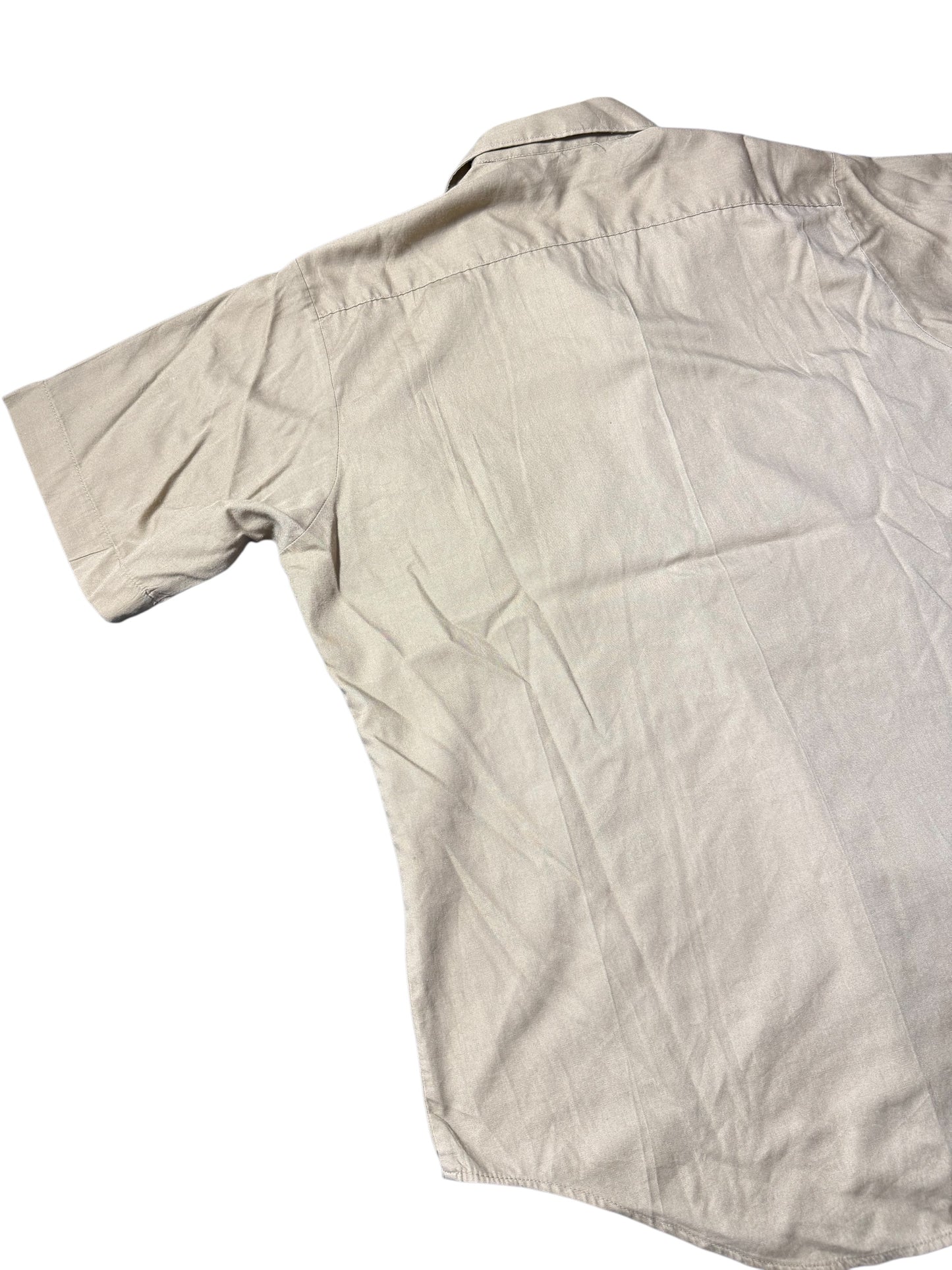 Vintage Beige Short Sleeve Utility Work Shirt Open Collar Button Up