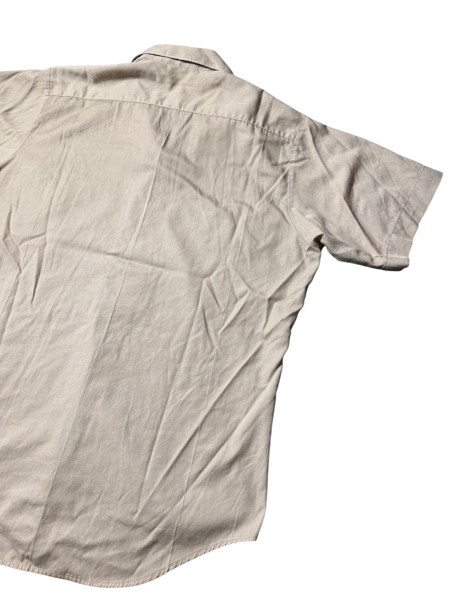 Vintage Beige Short Sleeve Utility Work Shirt Open Collar Button Up
