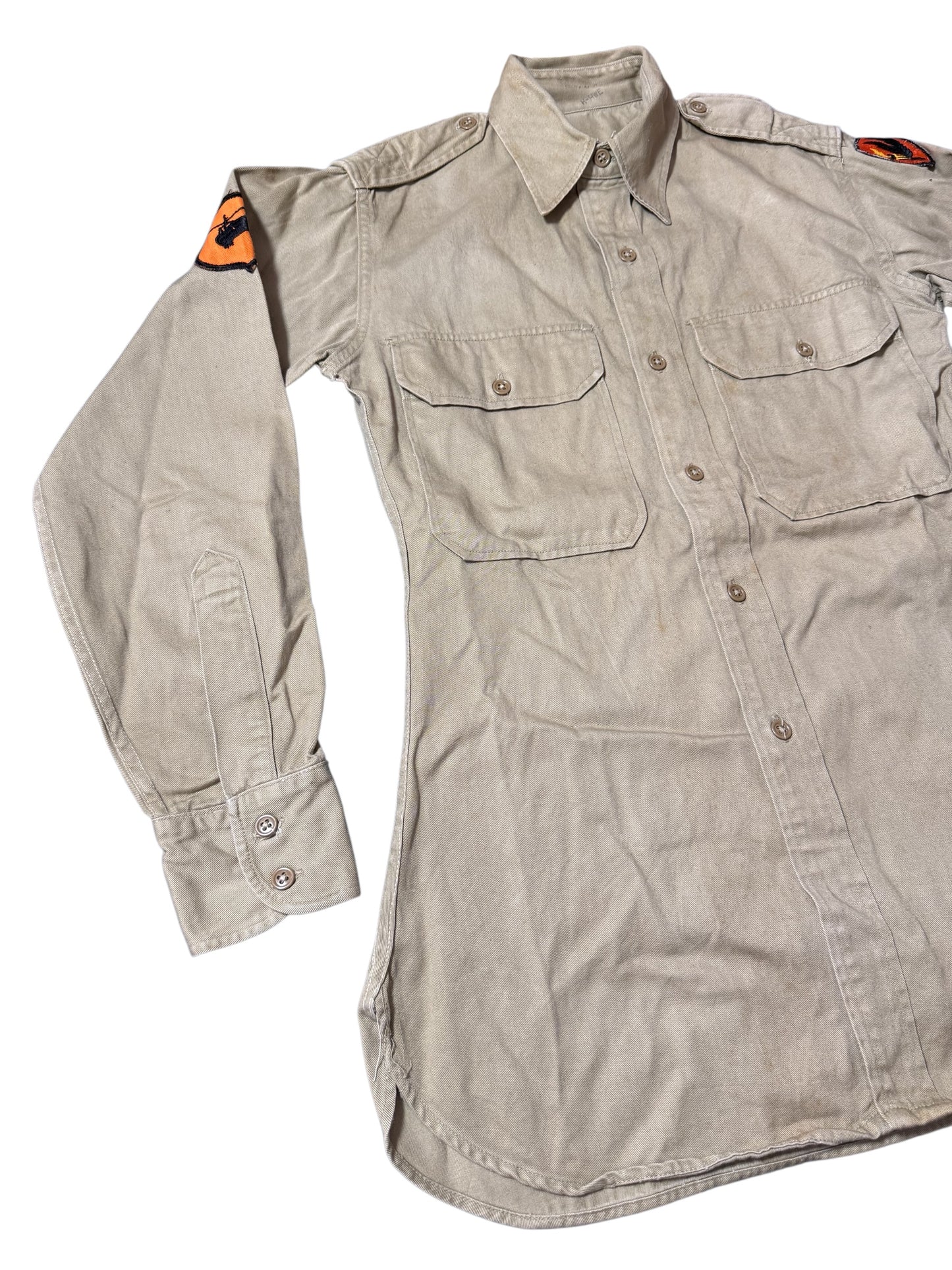 Vintage 1960s 1970s U.S. Military Utility Shirt Khaki Patch Cotton Twill Field Shirt
