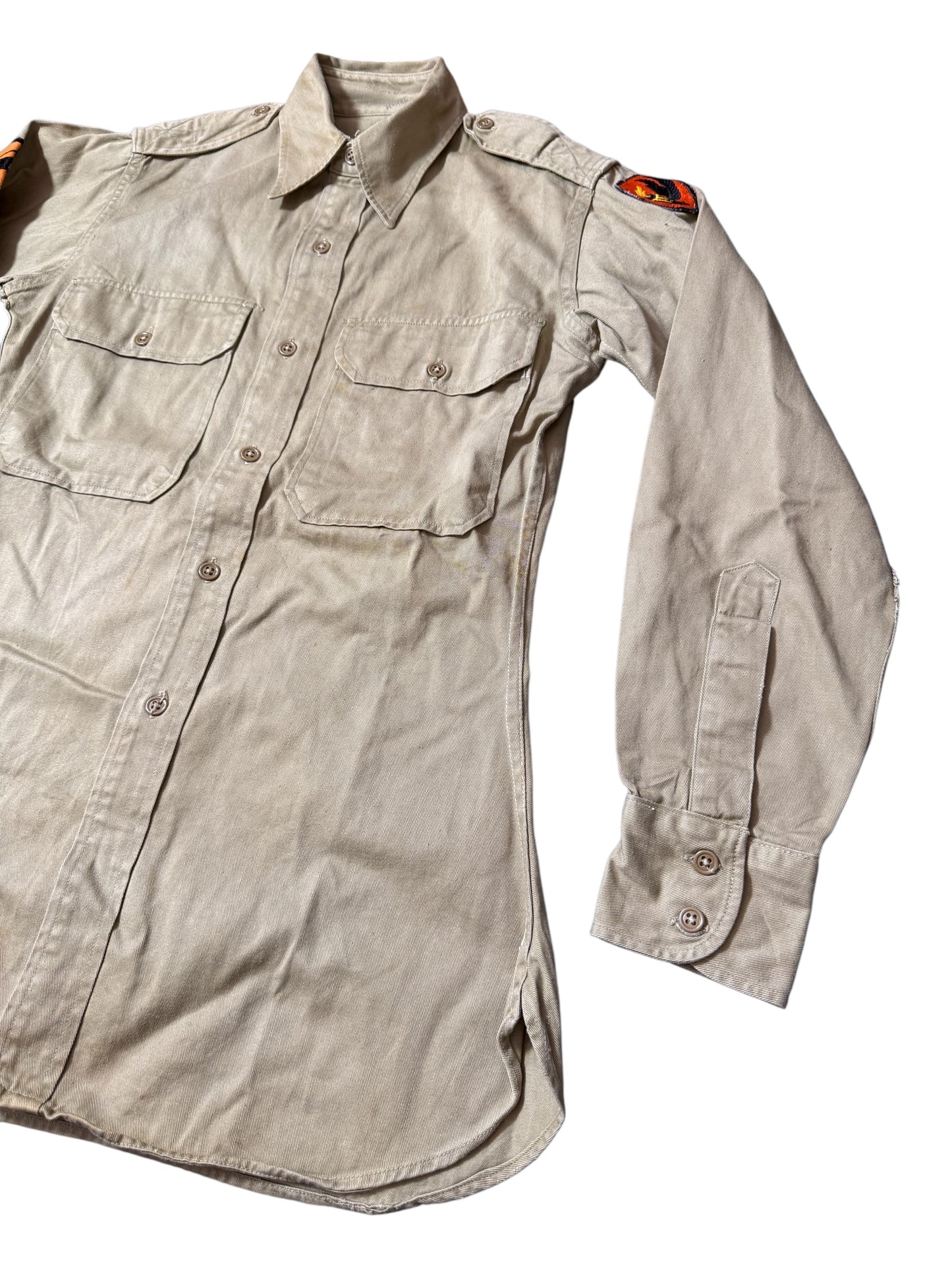 Vintage 1960s 1970s U.S. Military Utility Shirt Khaki Patch Cotton Twill Field Shirt