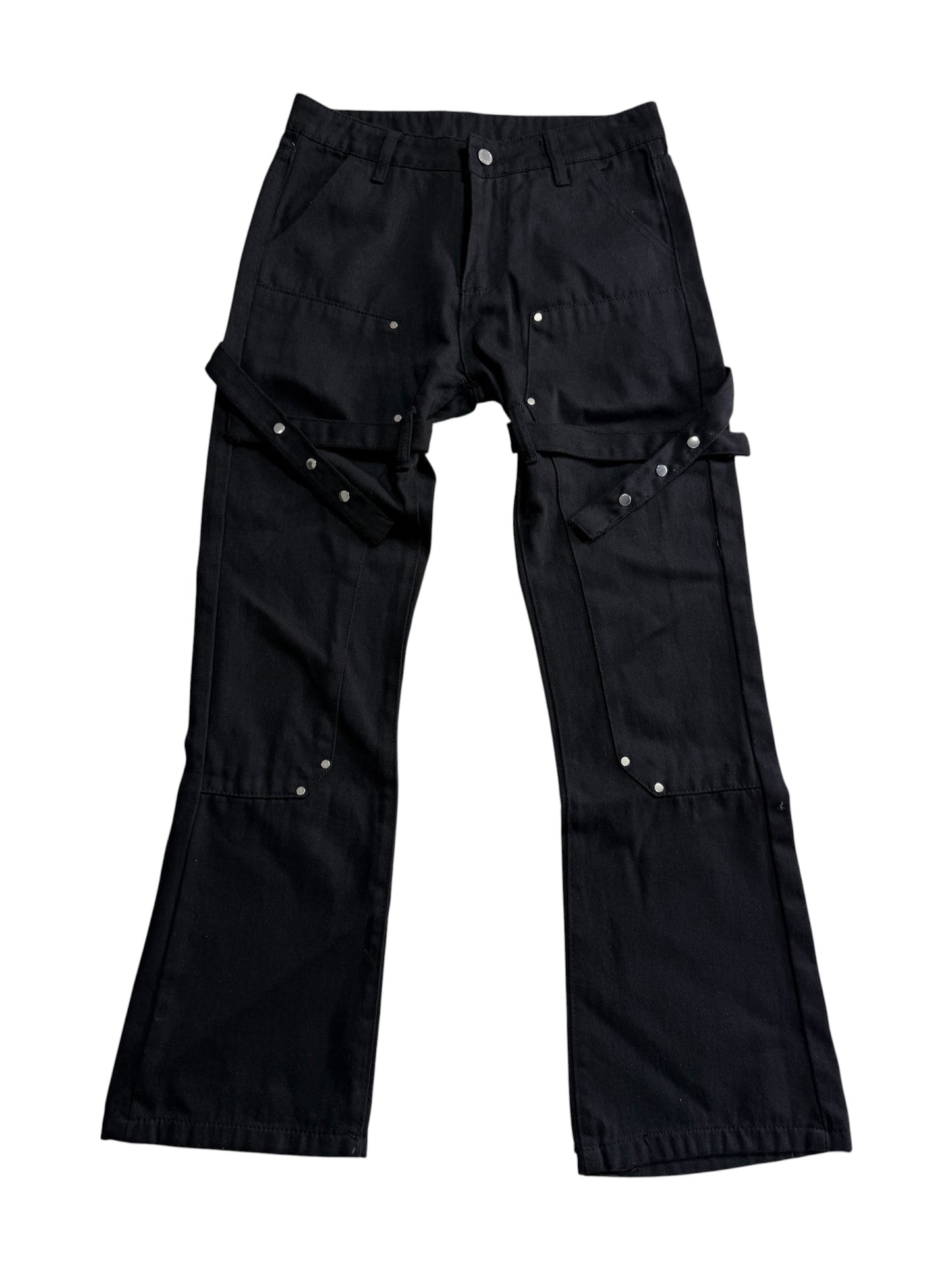 Japanese Strap Detail Flared Utility Pants Black Bondage Cargo Buckle Punk Trousers