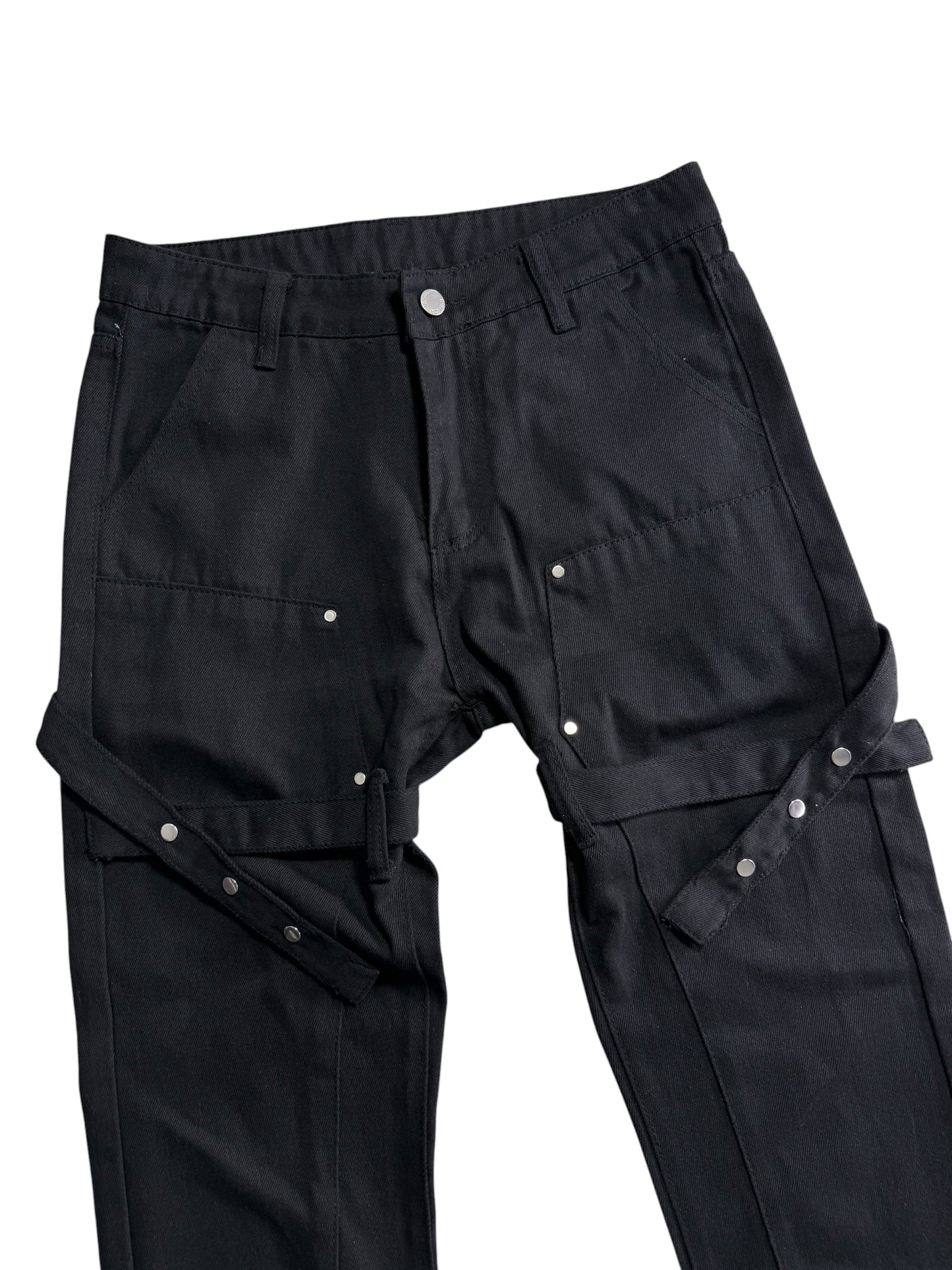 Japanese Strap Detail Flared Utility Pants Black Bondage Cargo Buckle Punk Trousers