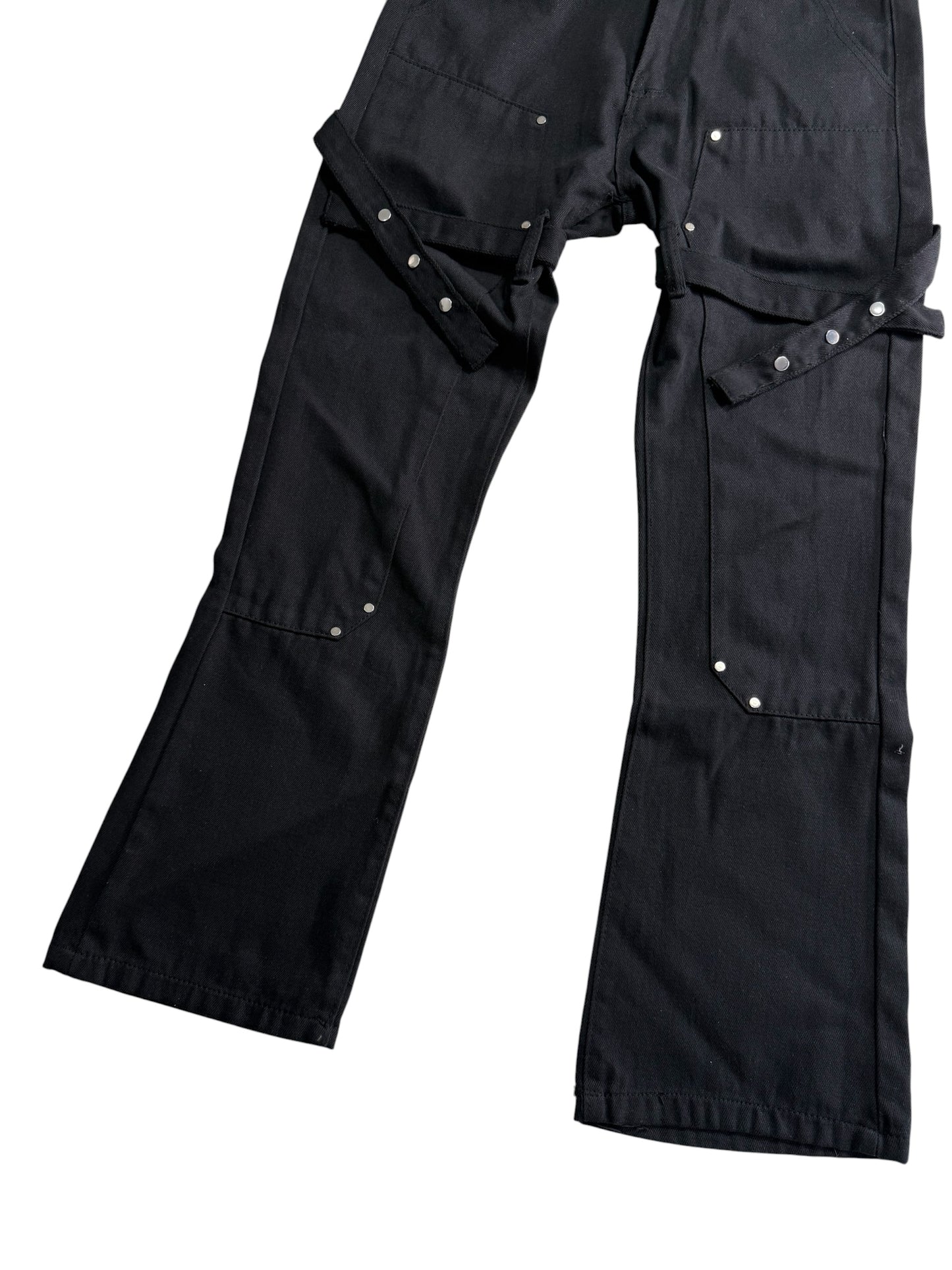 Japanese Strap Detail Flared Utility Pants Black Bondage Cargo Buckle Punk Trousers