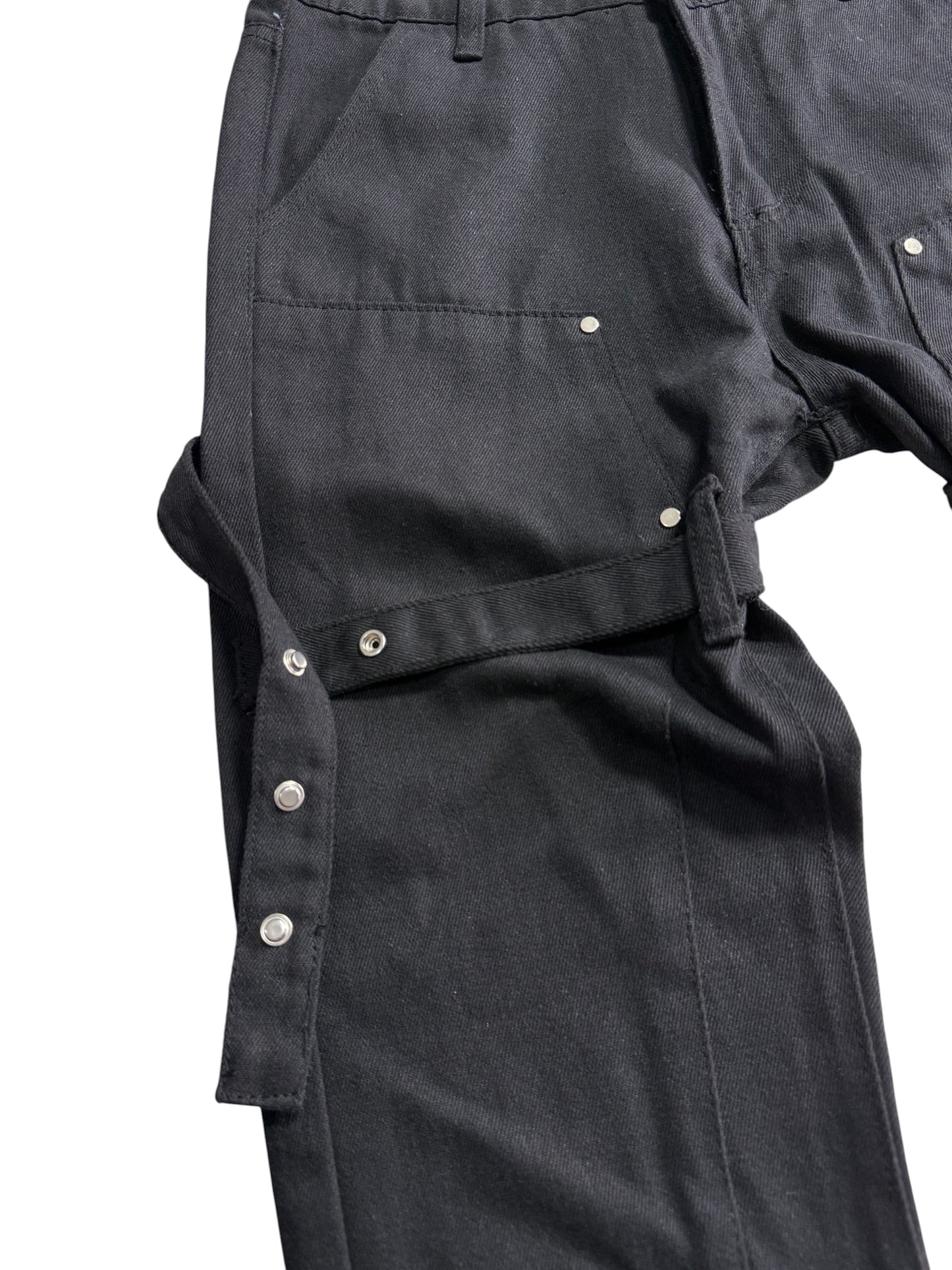 Japanese Strap Detail Flared Utility Pants Black Bondage Cargo Buckle Punk Trousers