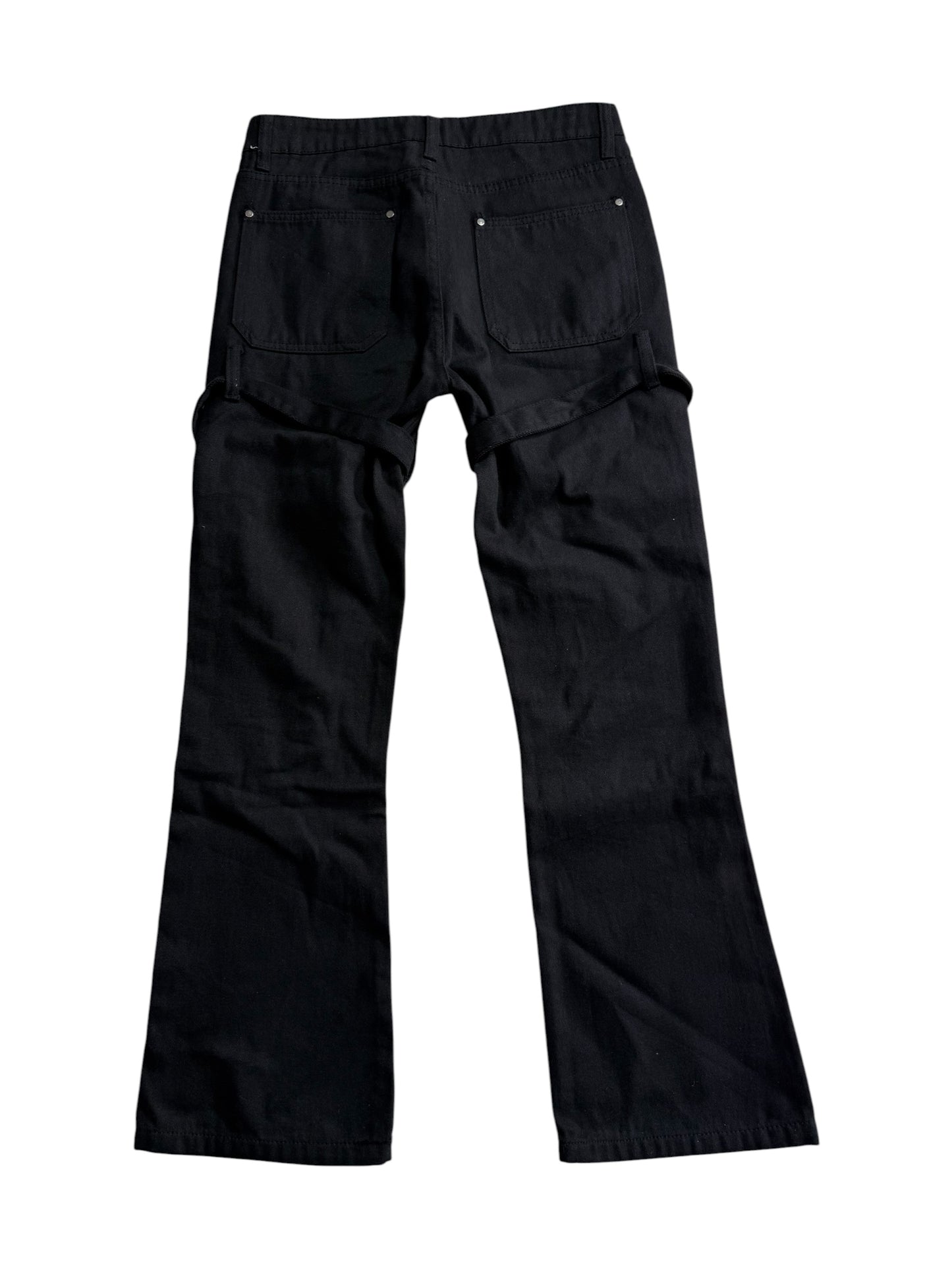 Japanese Strap Detail Flared Utility Pants Black Bondage Cargo Buckle Punk Trousers