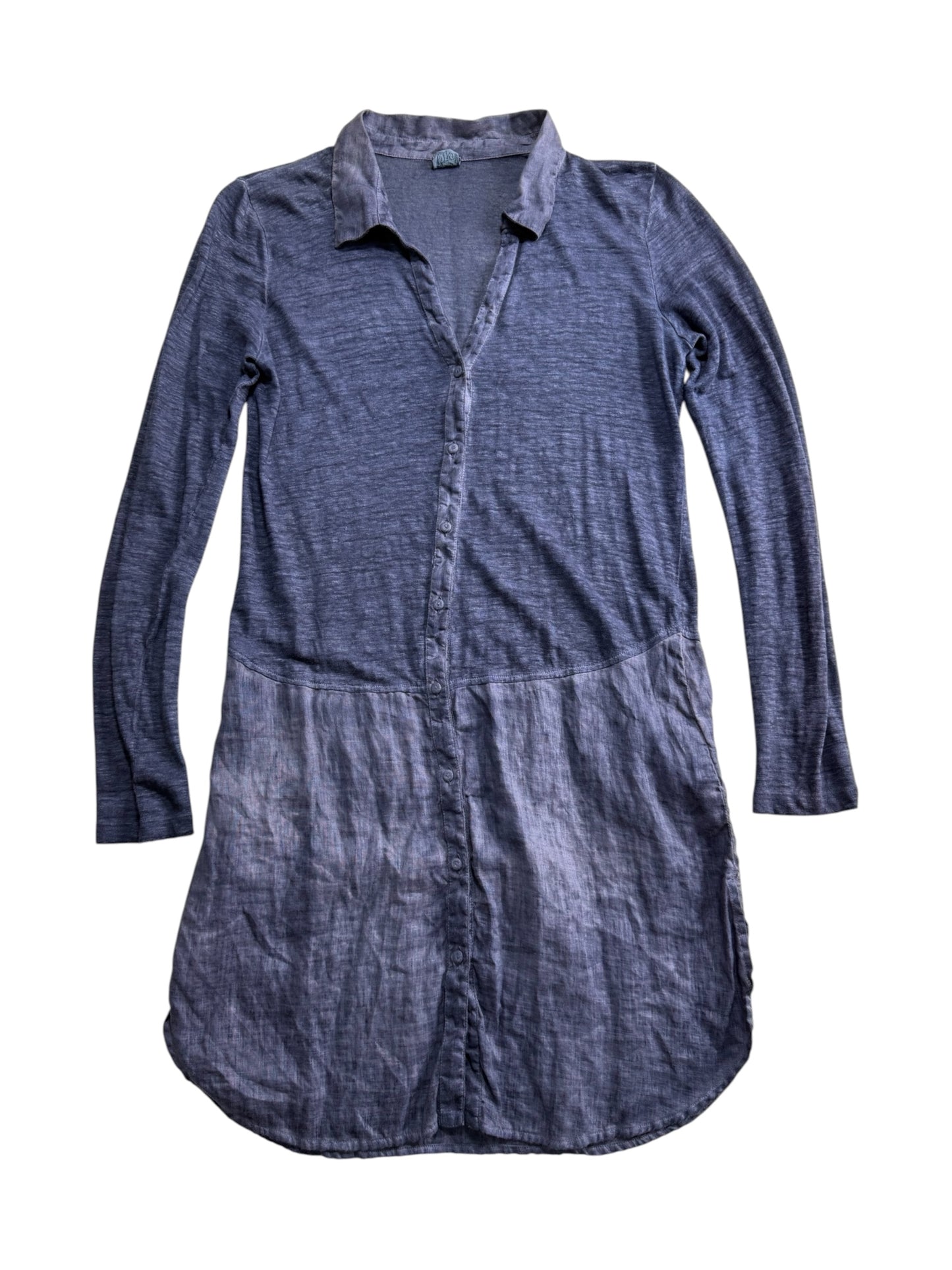 120% Lino Linen Shirt Dress Long Sleeve Blue Made in Italy