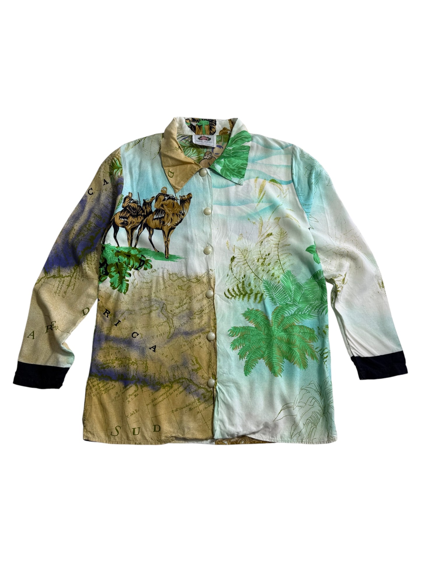 Vintage Mae West Italia Tropical Map Print Viscose Women Blouse Made in Italy
