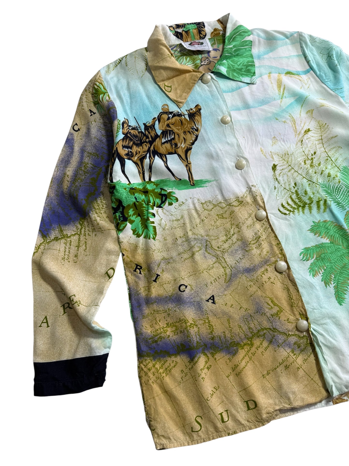 Vintage Mae West Italia Tropical Map Print Viscose Women Blouse Made in Italy