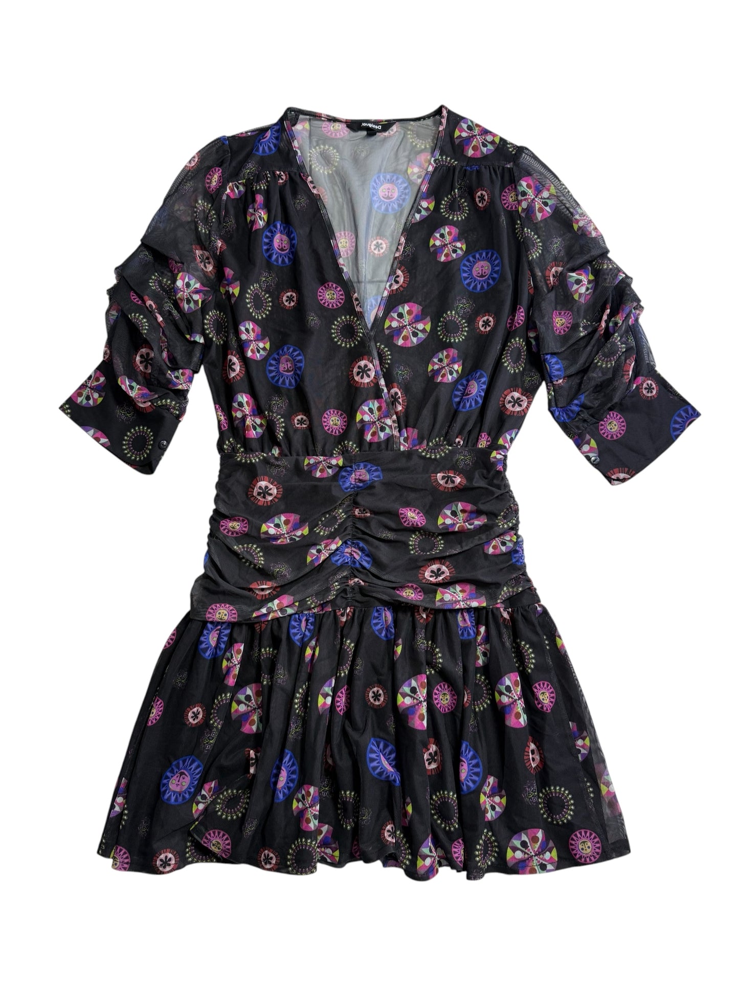 Desigual Sheer Mesh Printed Mini Dress Multicolor Abstract Pattern