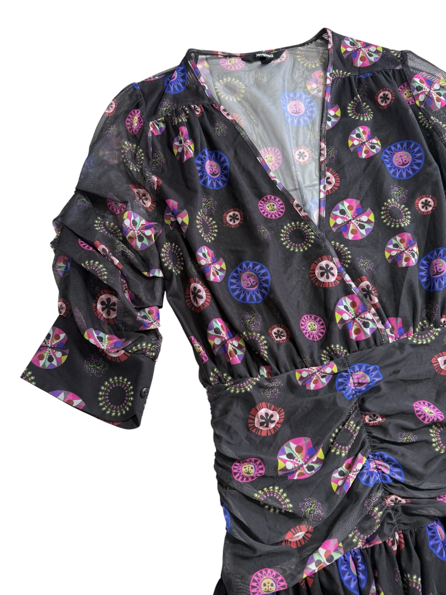 Desigual Sheer Mesh Printed Mini Dress Multicolor Abstract Pattern