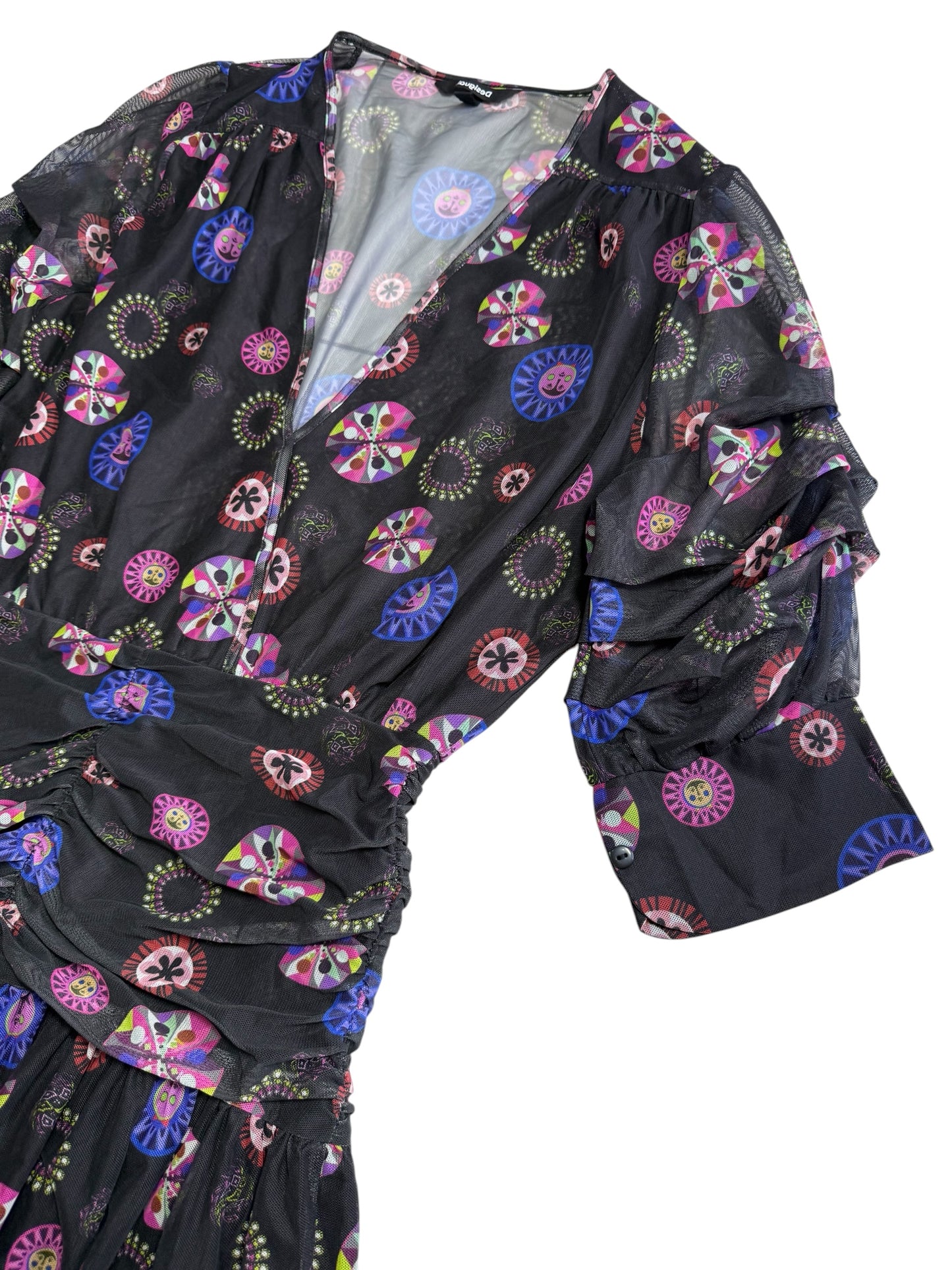Desigual Sheer Mesh Printed Mini Dress Multicolor Abstract Pattern