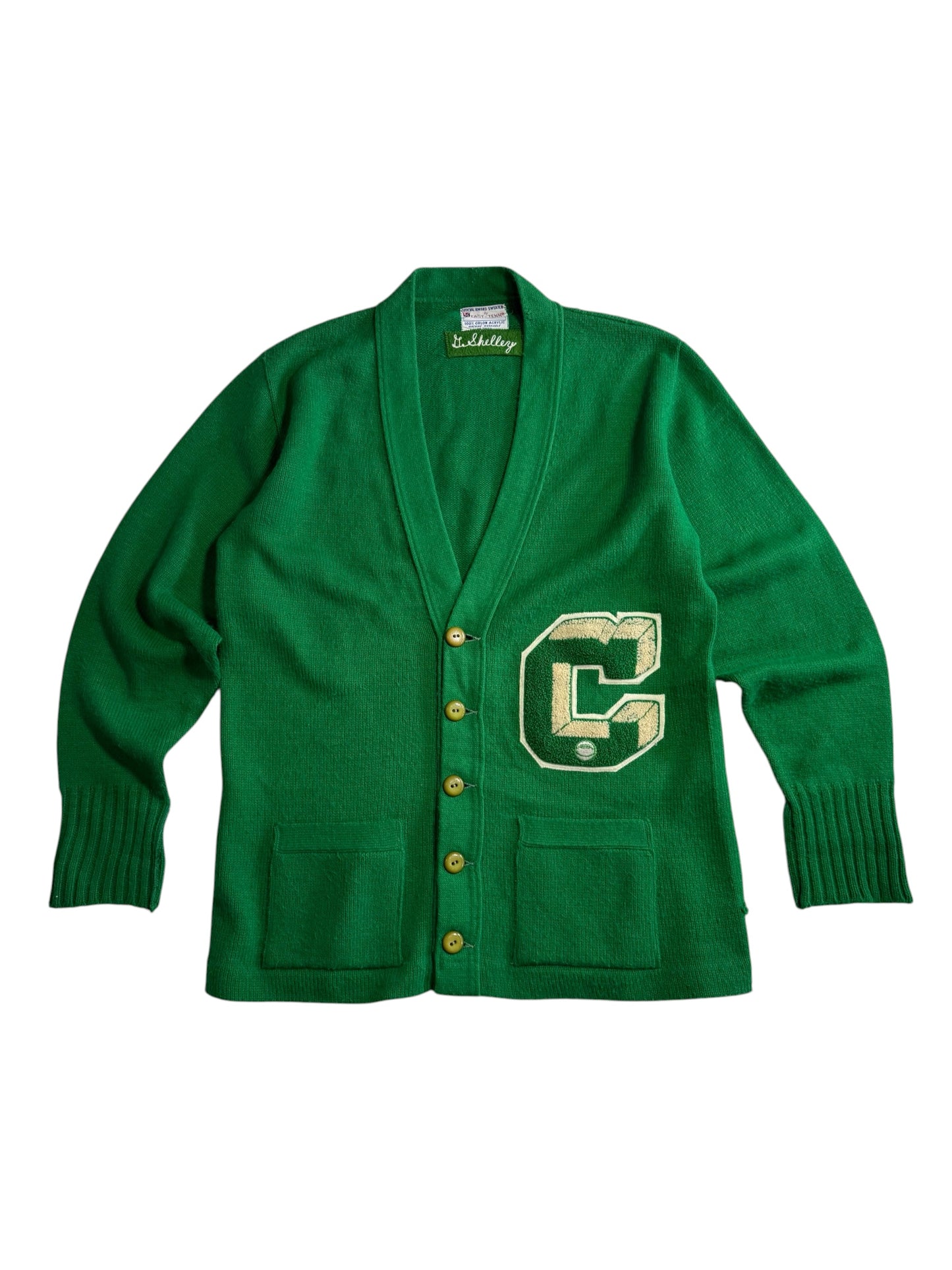 Vintage 1970s Varsity Letterman Cardigan Green “C” Patch Award Sweater USA