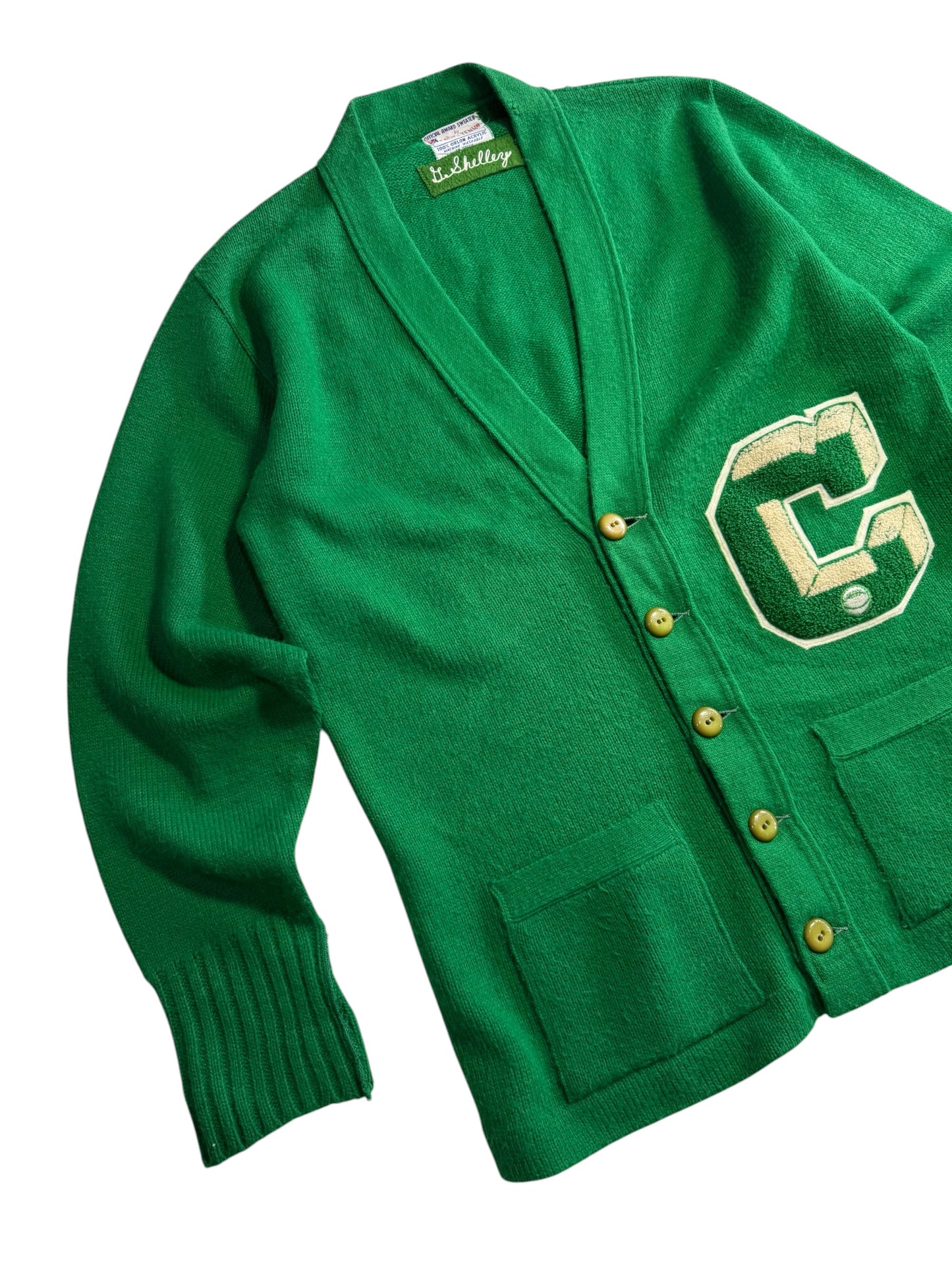 Vintage 1970s Varsity Letterman Cardigan Green “C” Patch Award Sweater USA