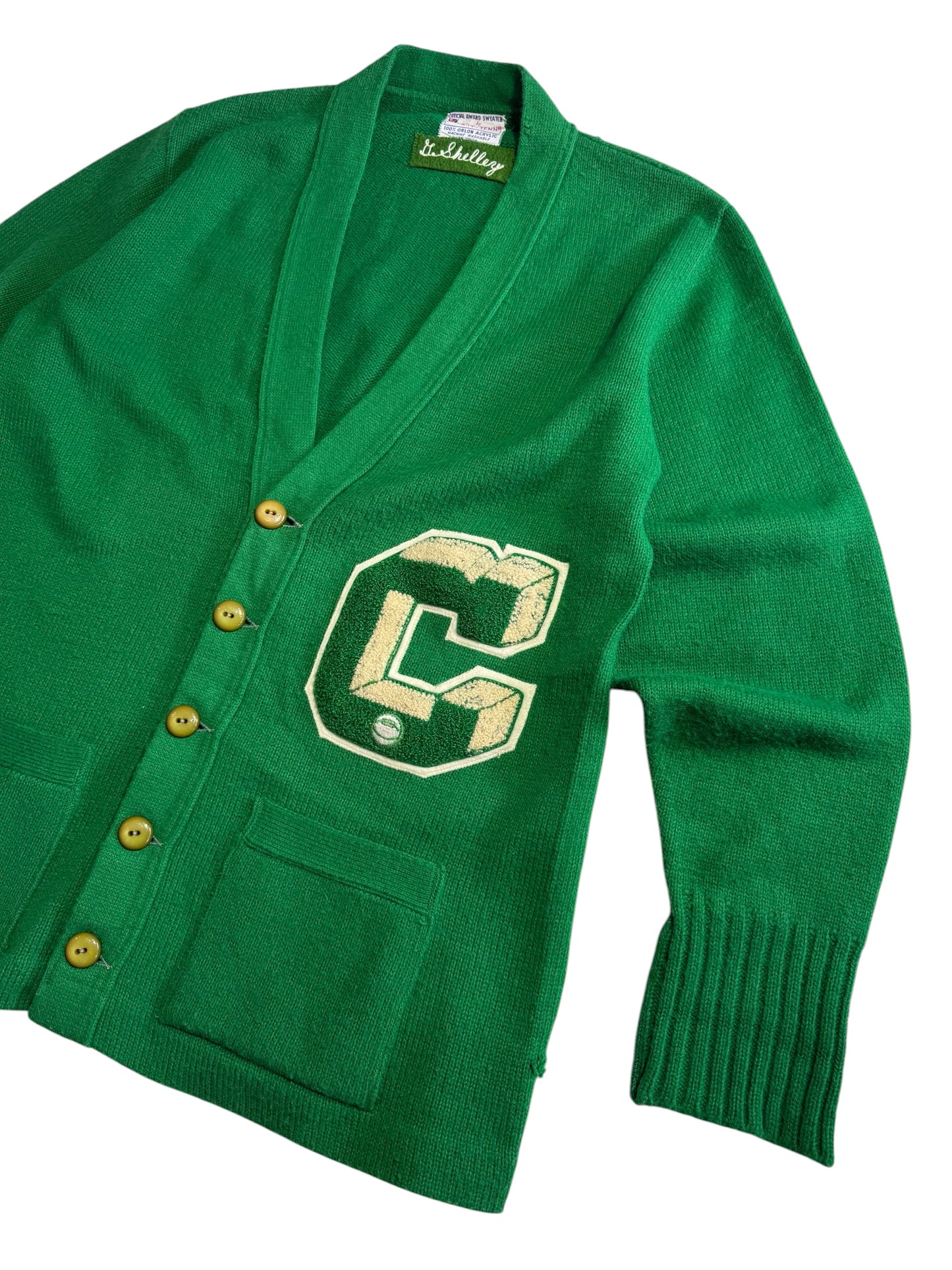 Vintage 1970s Varsity Letterman Cardigan Green “C” Patch Award Sweater USA