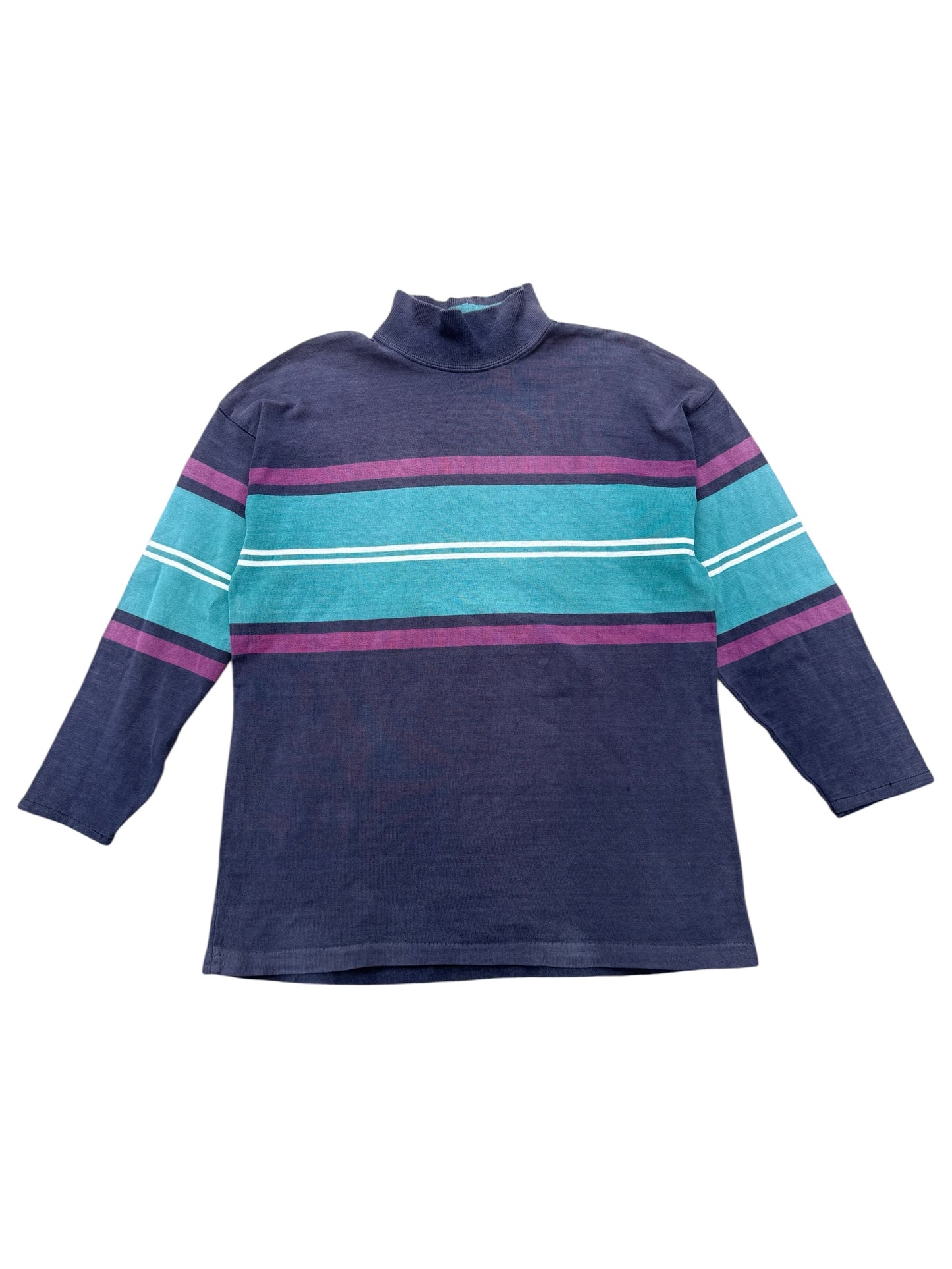 Vintage 80s 90s LL Bean Mock Neck Stripe Shirt USA Made Sun Faded