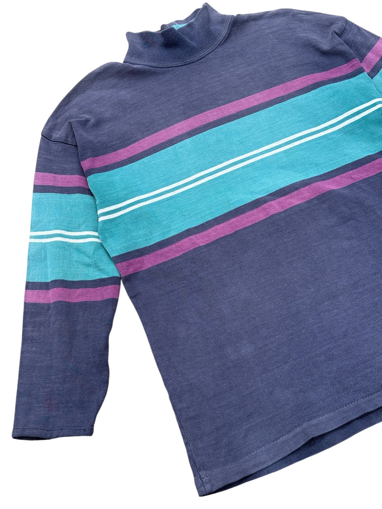Vintage 80s 90s LL Bean Mock Neck Stripe Shirt USA Made Sun Faded
