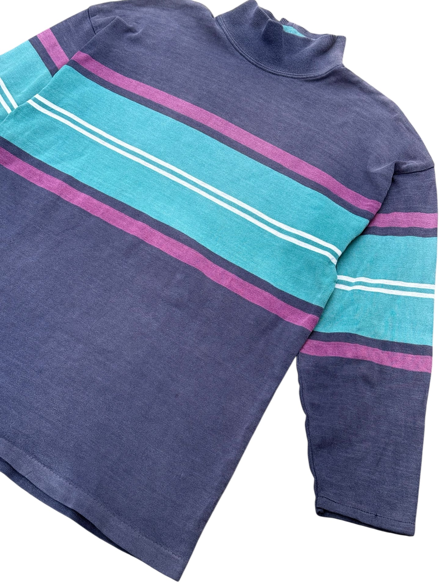 Vintage 80s 90s LL Bean Mock Neck Stripe Shirt USA Made Sun Faded