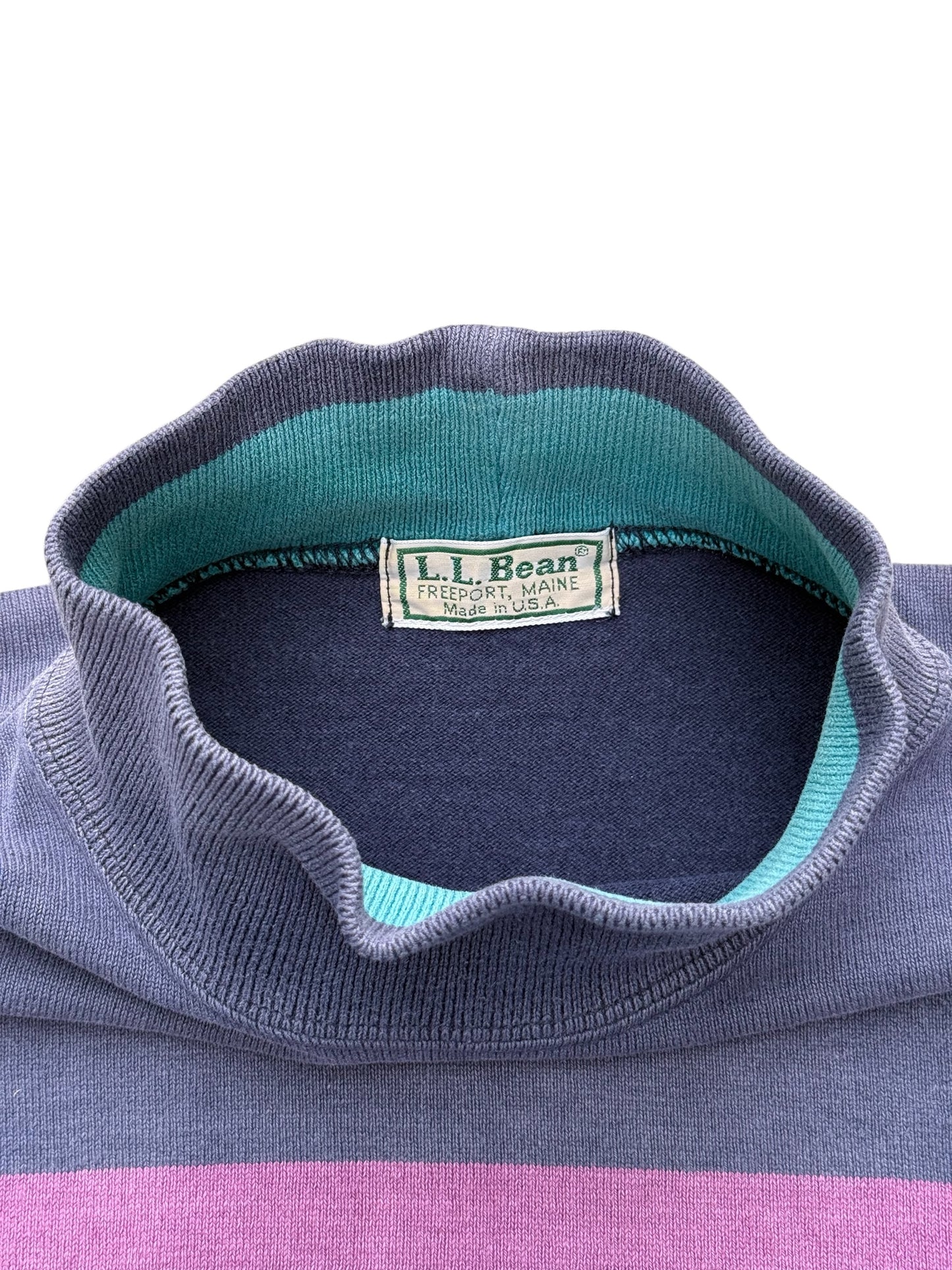 Vintage 80s 90s LL Bean Mock Neck Stripe Shirt USA Made Sun Faded