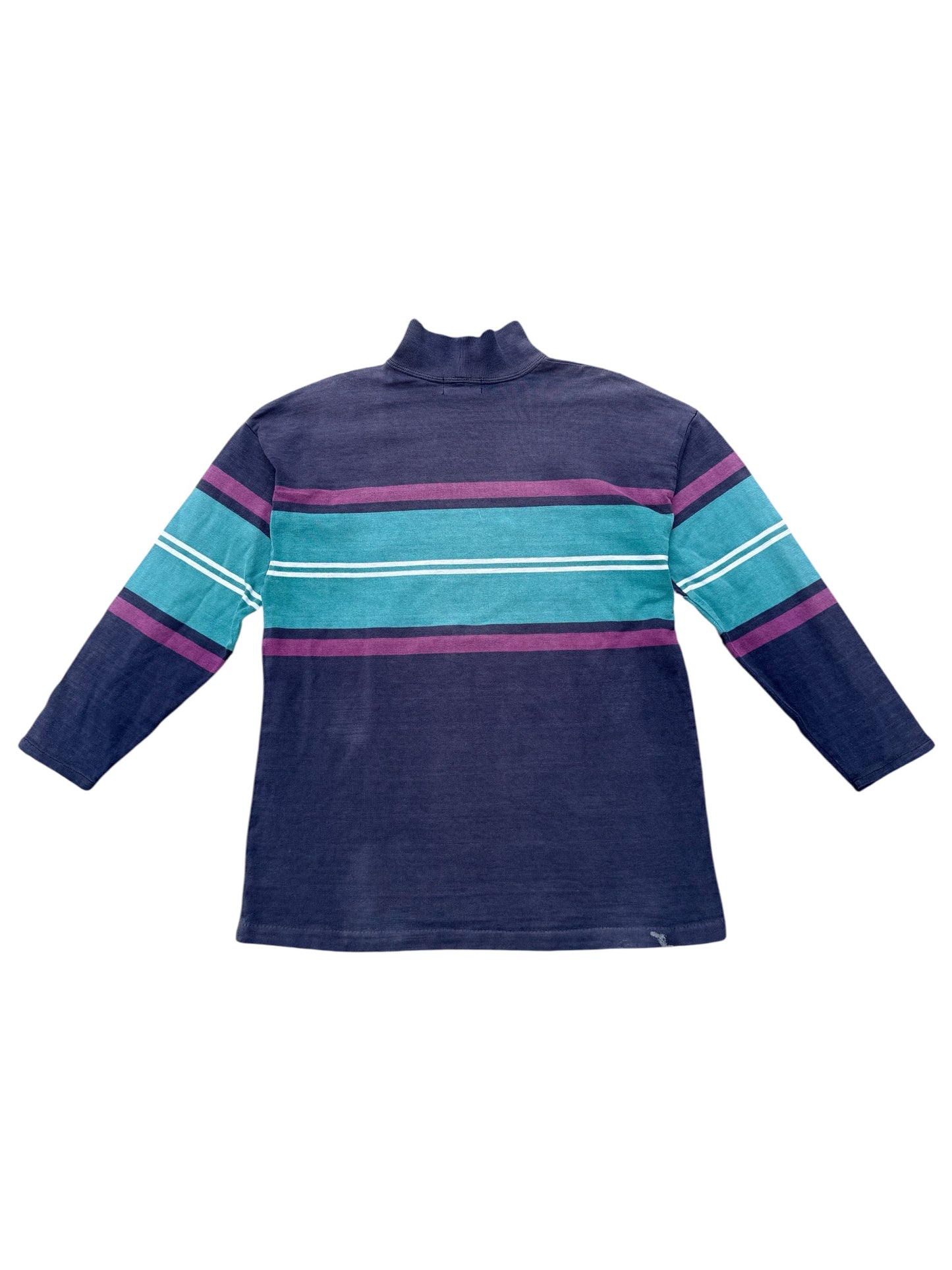 Vintage 80s 90s LL Bean Mock Neck Stripe Shirt USA Made Sun Faded