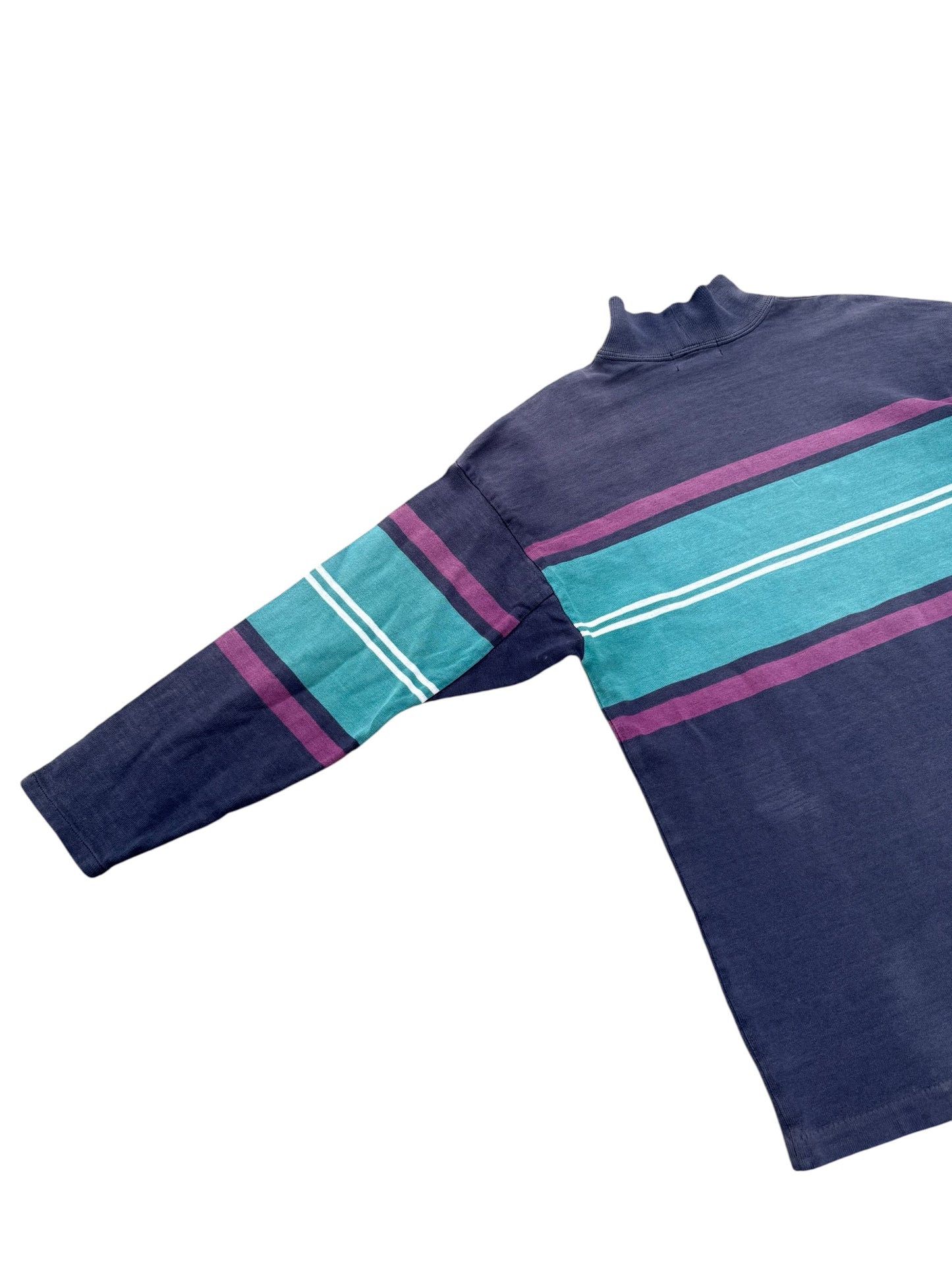 Vintage 80s 90s LL Bean Mock Neck Stripe Shirt USA Made Sun Faded