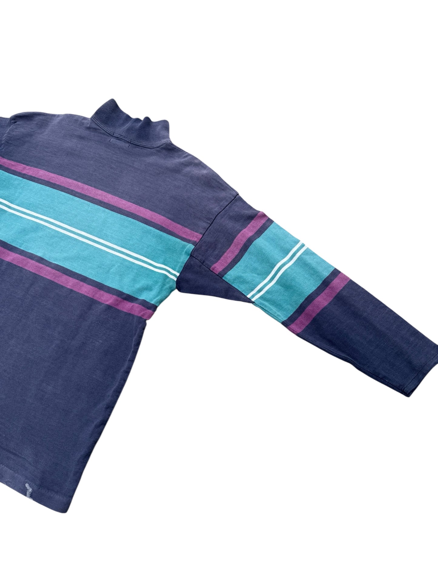 Vintage 80s 90s LL Bean Mock Neck Stripe Shirt USA Made Sun Faded