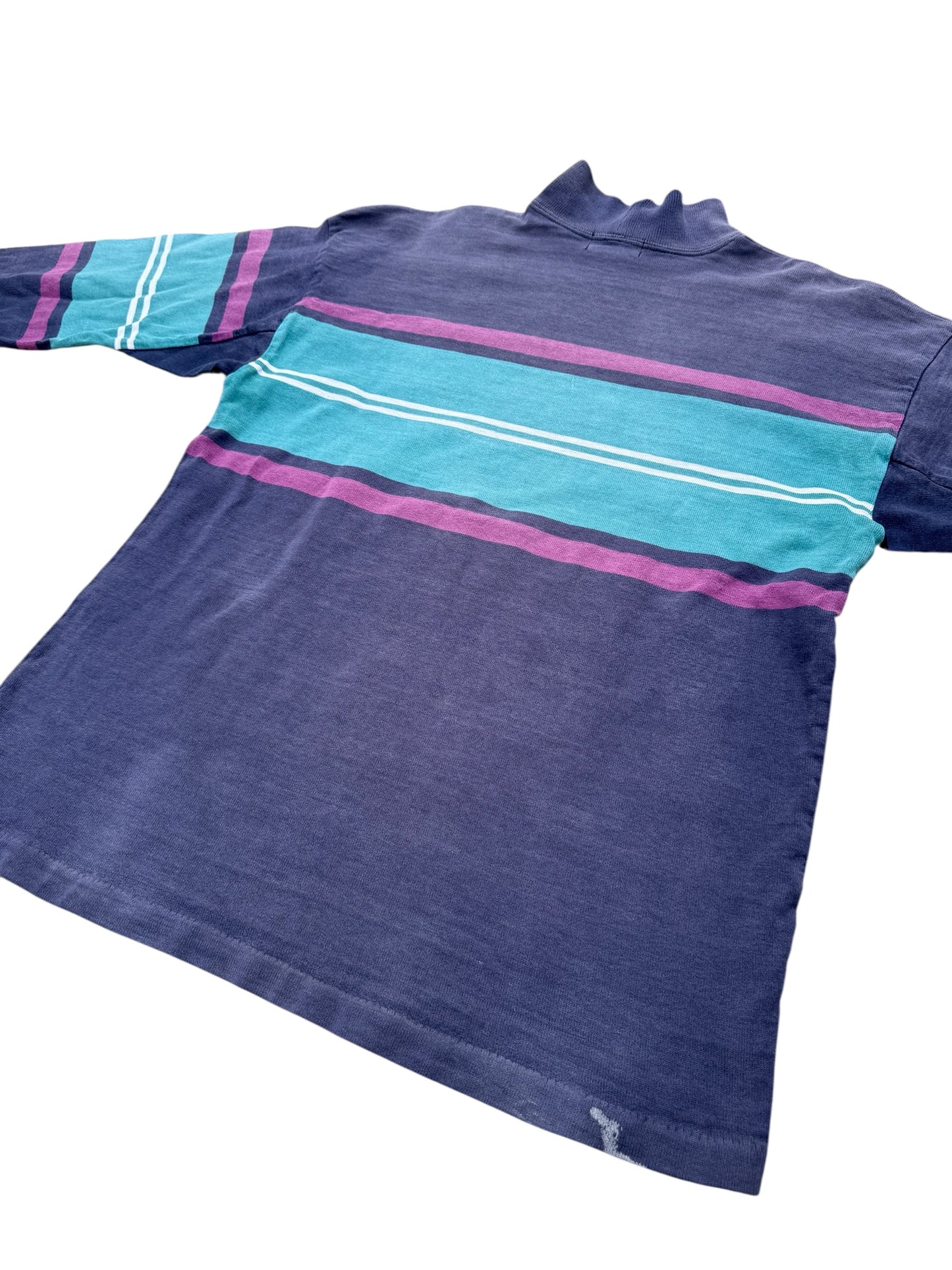 Vintage 80s 90s LL Bean Mock Neck Stripe Shirt USA Made Sun Faded