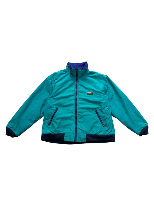 Vintage LL Bean Warm-Up Jacket Made in USA Teal Nylon with Blue Fleece Lining