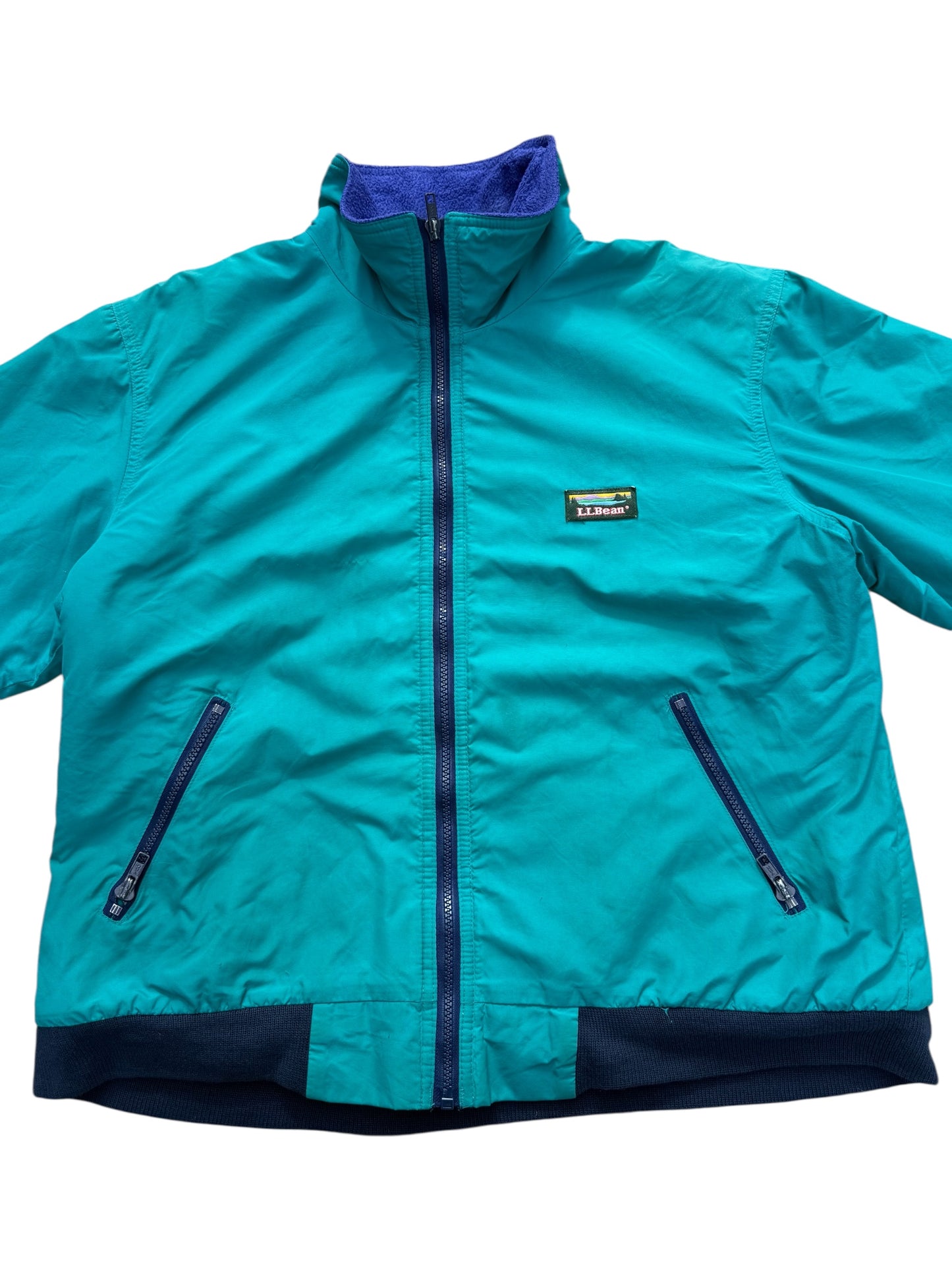Vintage LL Bean Warm-Up Jacket Made in USA Teal Nylon with Blue Fleece Lining