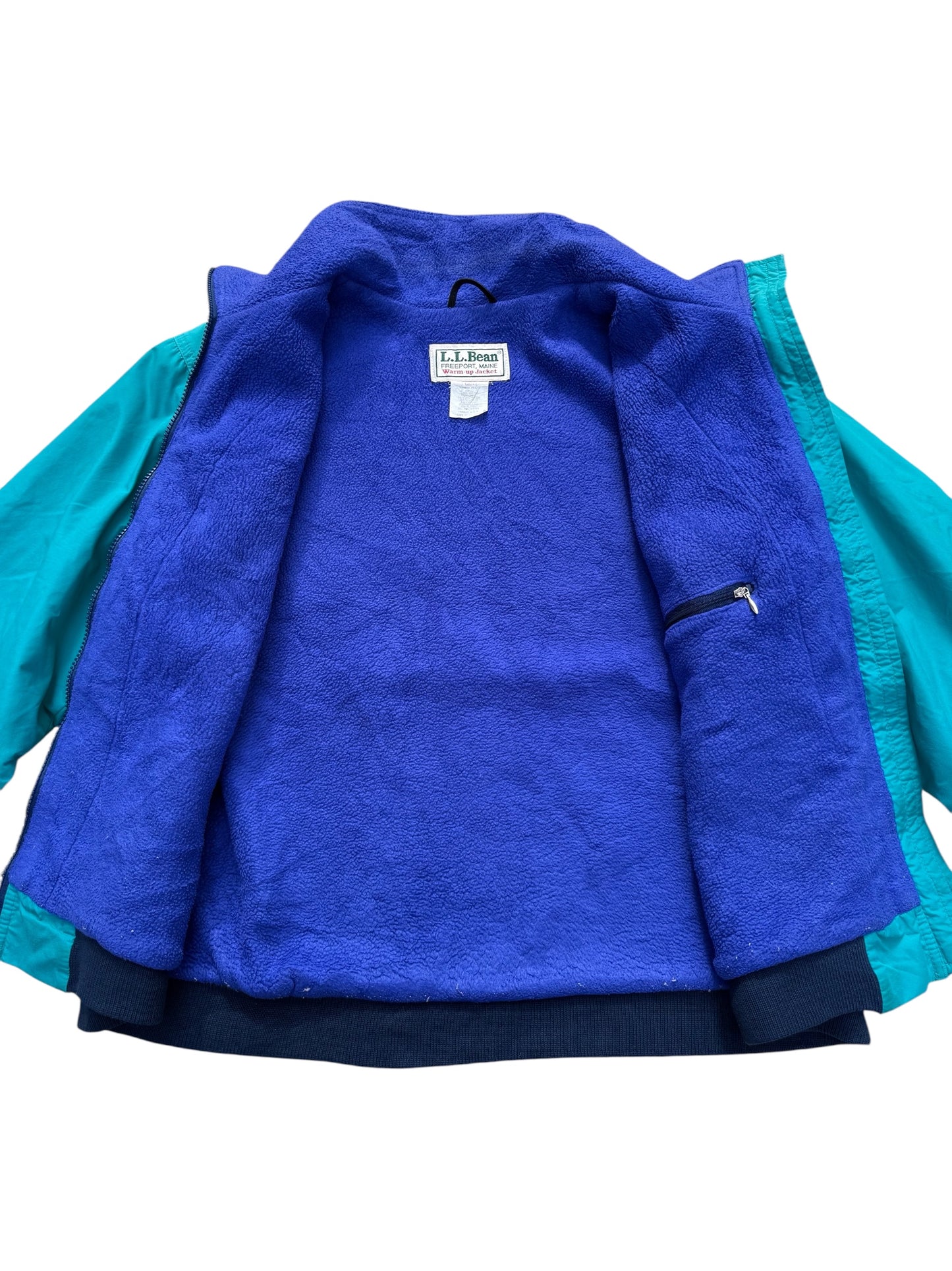 Vintage LL Bean Warm-Up Jacket Made in USA Teal Nylon with Blue Fleece Lining