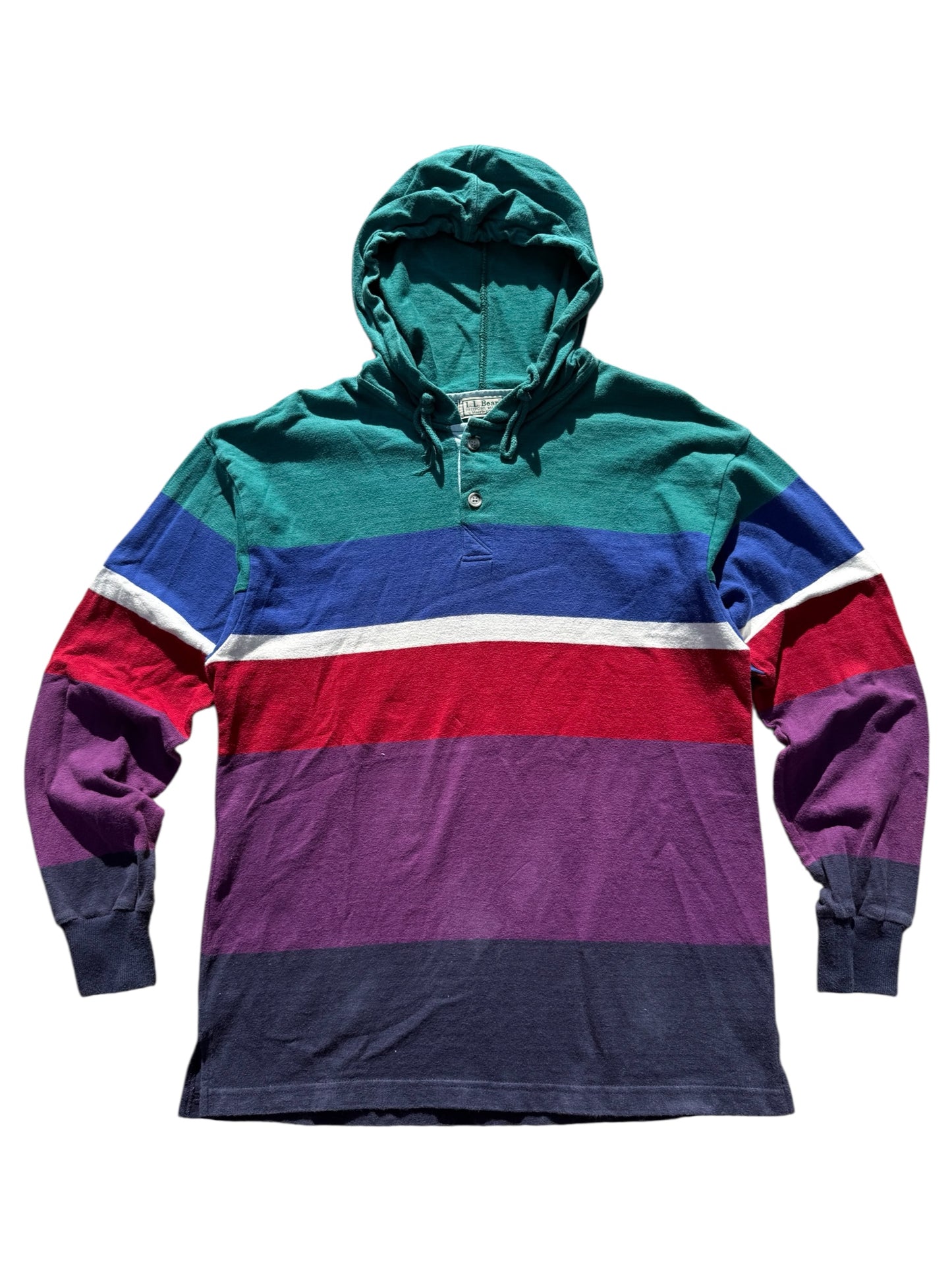 Vintage 90s LL Bean Striped Rugby Hoodie Made in USA Pullover