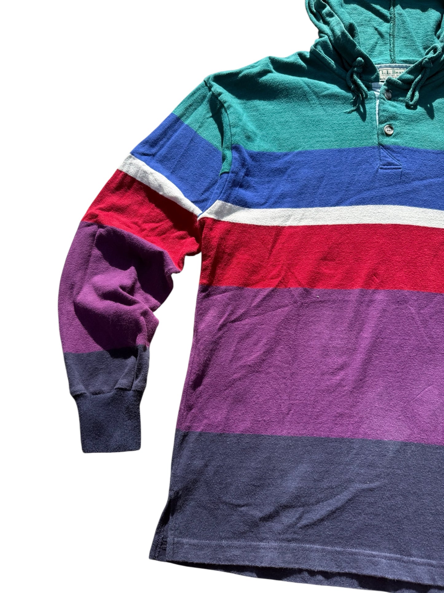 Vintage 90s LL Bean Striped Rugby Hoodie Made in USA Pullover